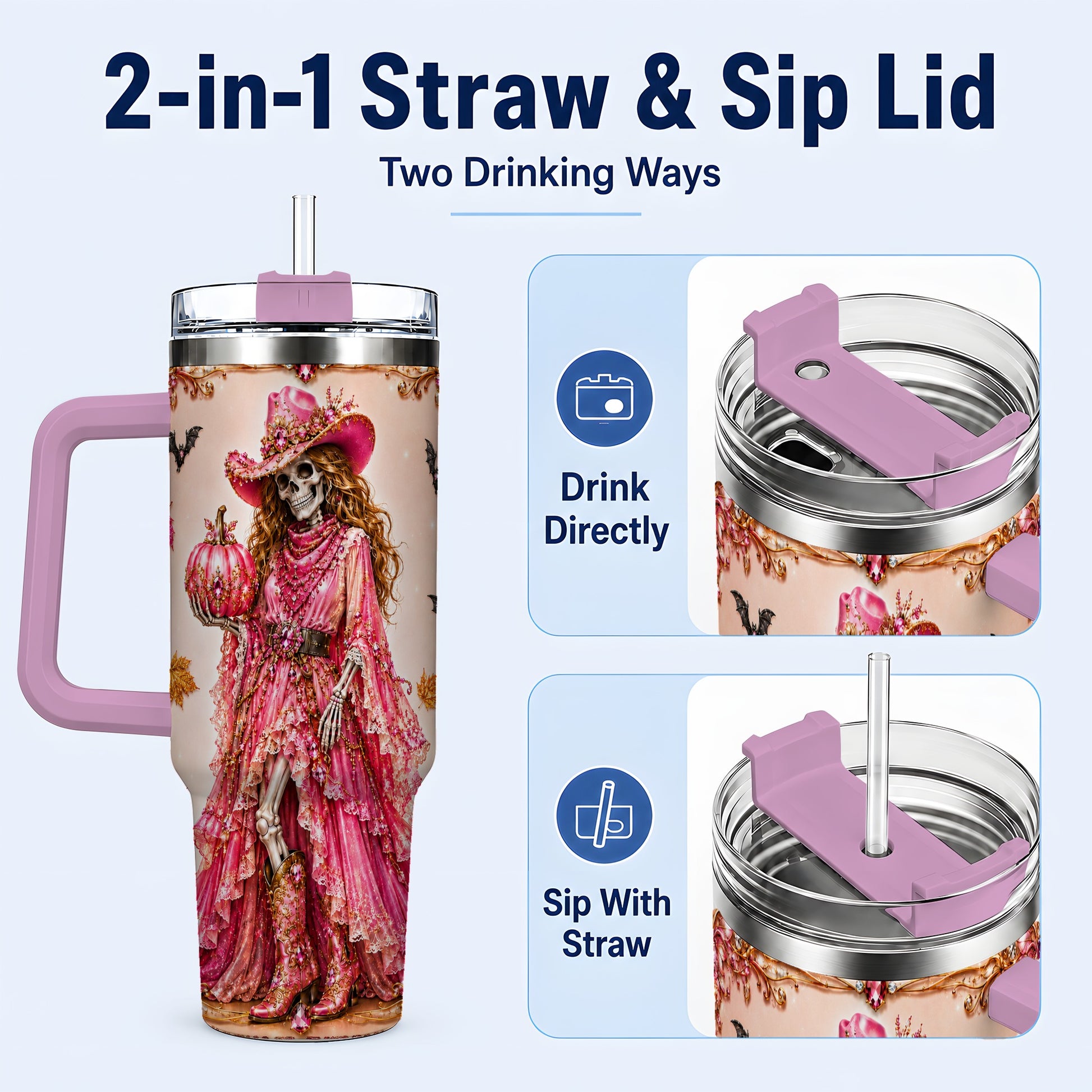 #pl[40oz|Pink] Skeleton Cowgirl 40oz Tumbler with Handle, Stainless Steel Travel Cup