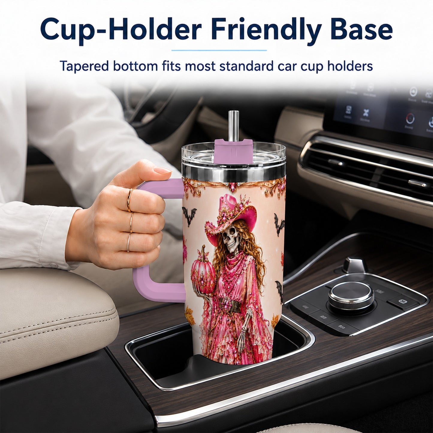 #pl[40oz|Pink] Skeleton Cowgirl 40oz Tumbler with Handle, Stainless Steel Travel Cup