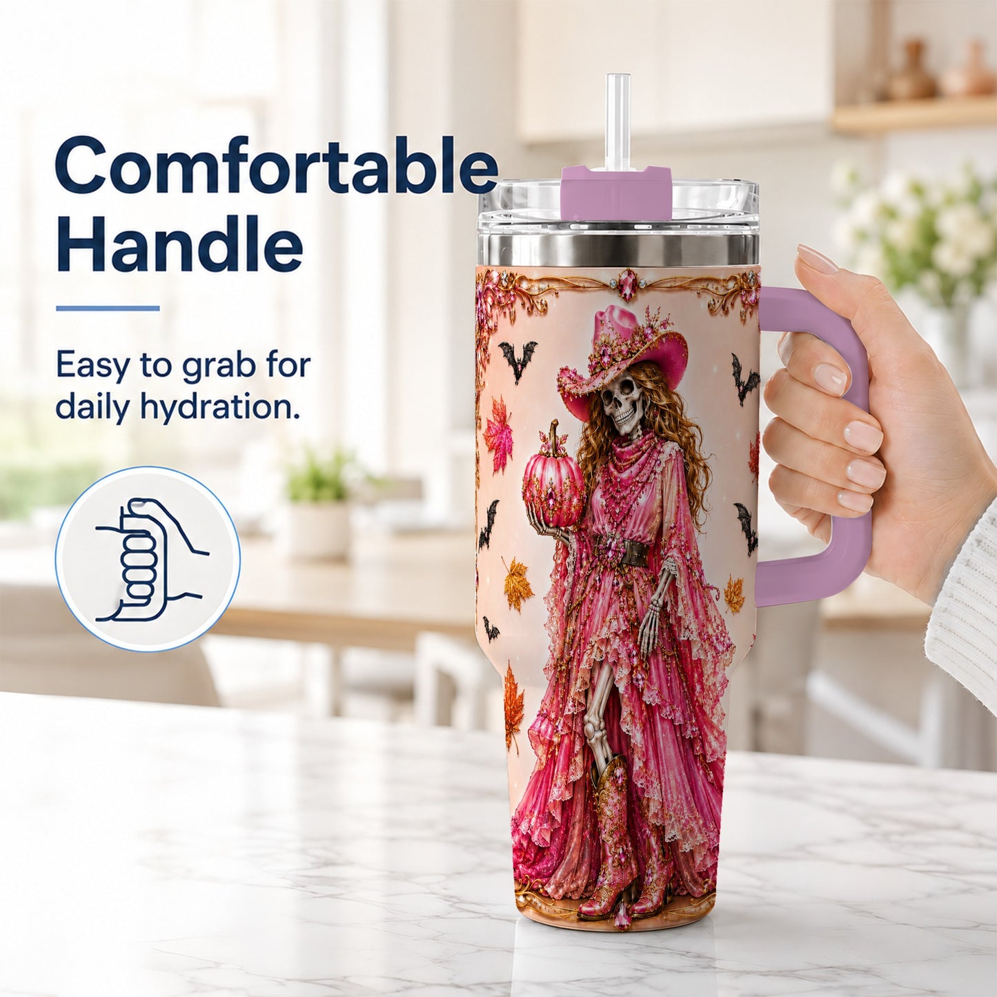 #pl[40oz|Pink] Skeleton Cowgirl 40oz Tumbler with Handle, Stainless Steel Travel Cup