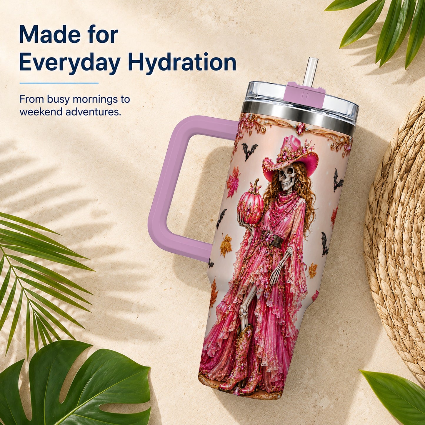 #pl[40oz|Pink] Skeleton Cowgirl 40oz Tumbler with Handle, Stainless Steel Travel Cup