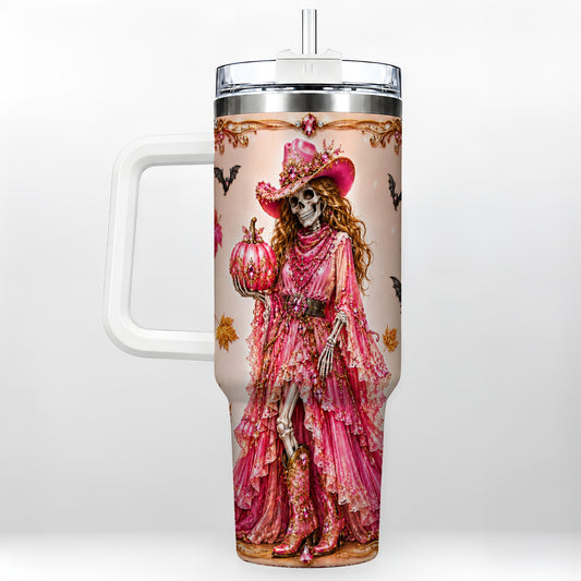 #pl[40oz|White] Skeleton Cowgirl 40oz Tumbler with Handle, Stainless Steel Travel Cup