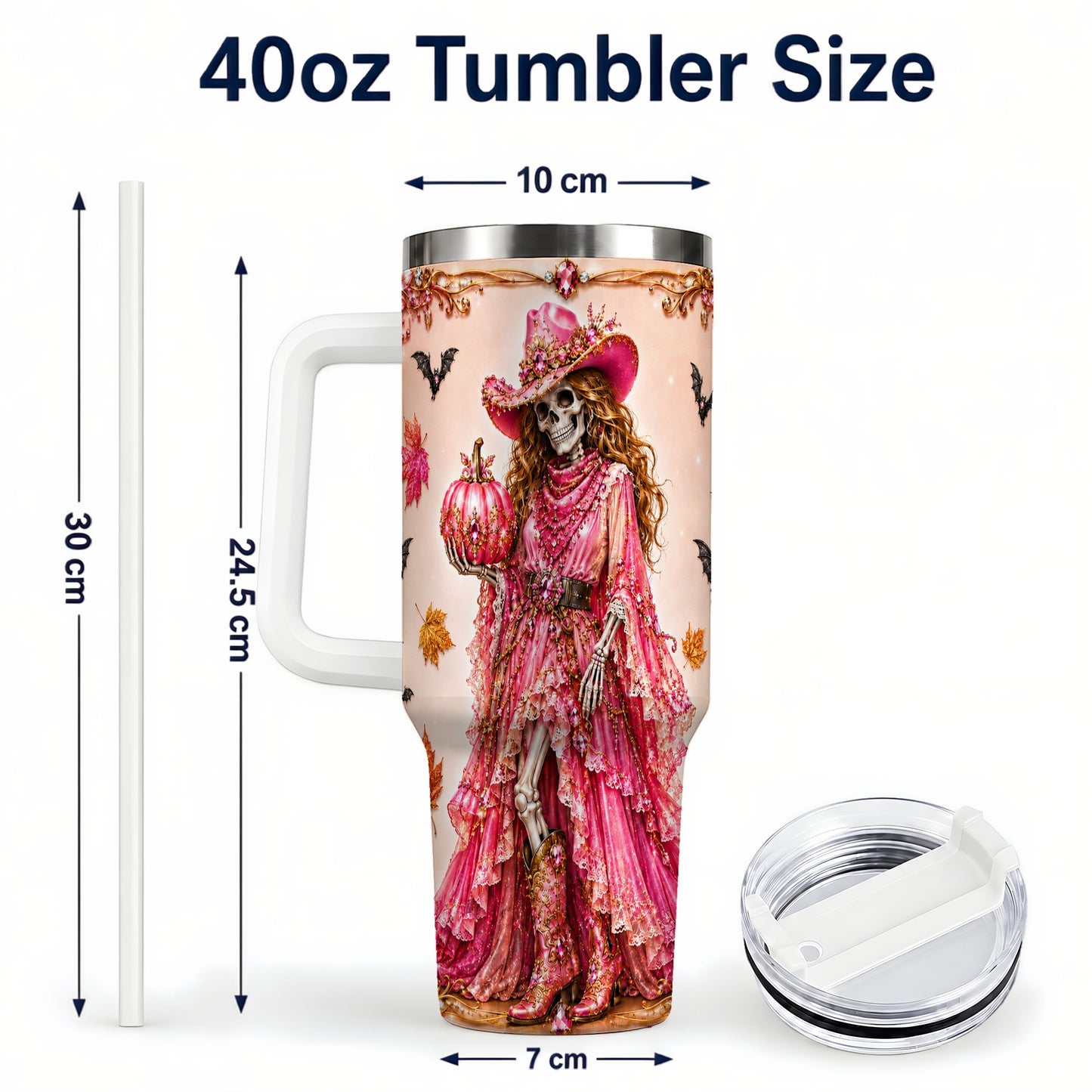 #pl[40oz|White] Skeleton Cowgirl 40oz Tumbler with Handle, Stainless Steel Travel Cup