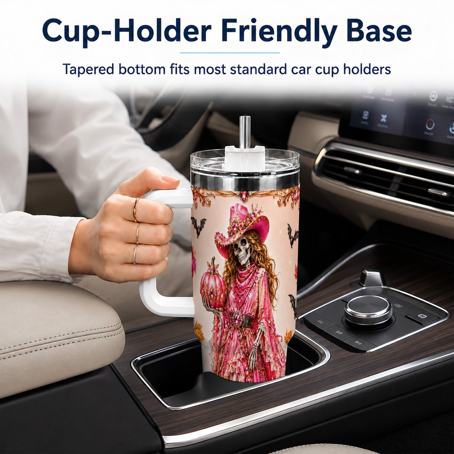 #pl[40oz|White] Skeleton Cowgirl 40oz Tumbler with Handle, Stainless Steel Travel Cup