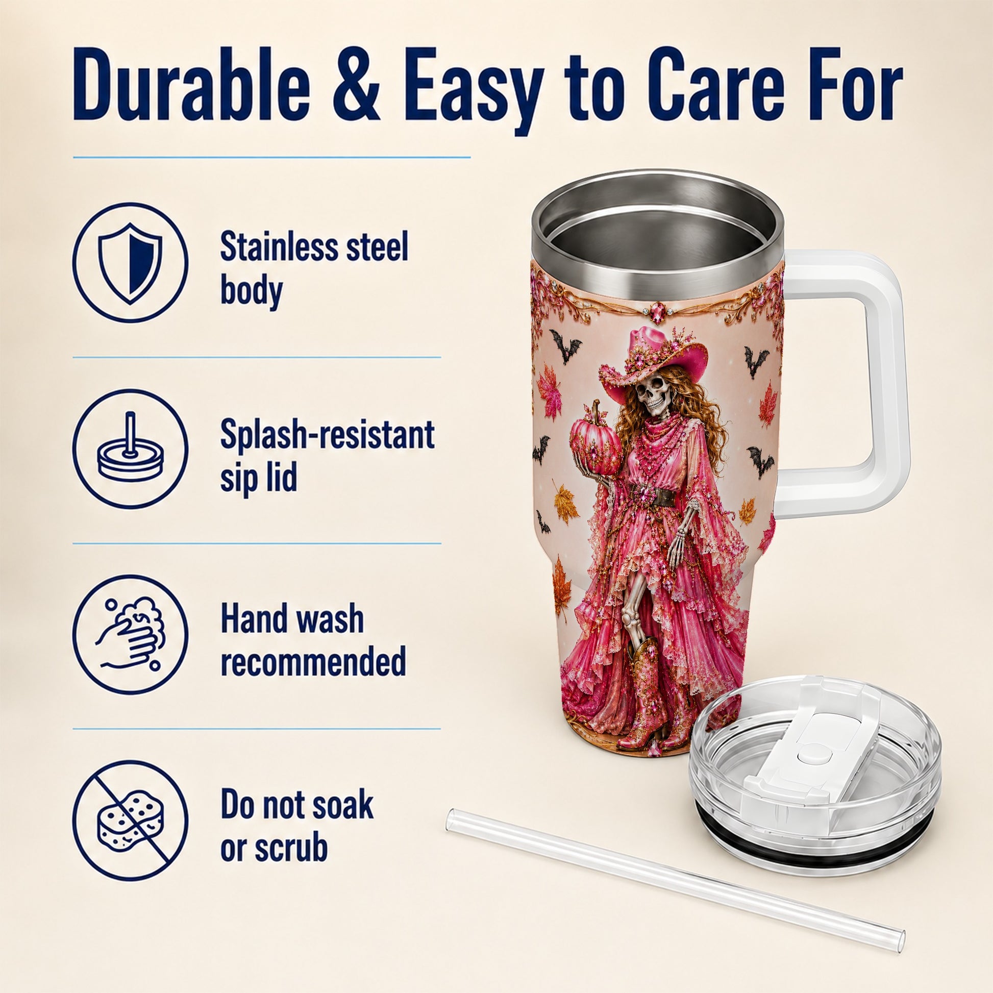 #pl[40oz|White] Skeleton Cowgirl 40oz Tumbler with Handle, Stainless Steel Travel Cup