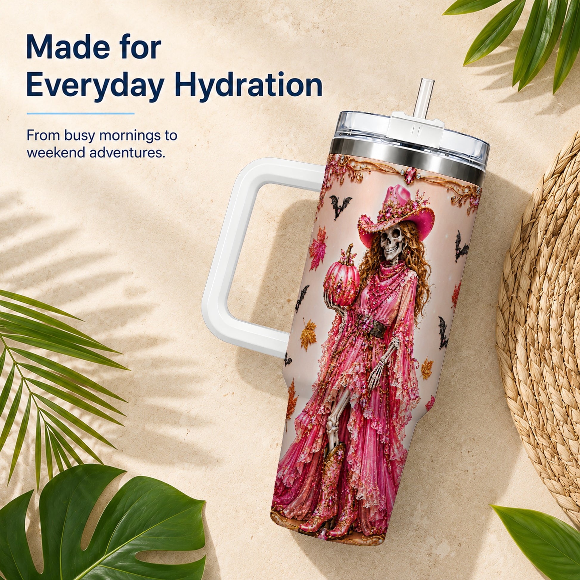 #pl[40oz|White] Skeleton Cowgirl 40oz Tumbler with Handle, Stainless Steel Travel Cup