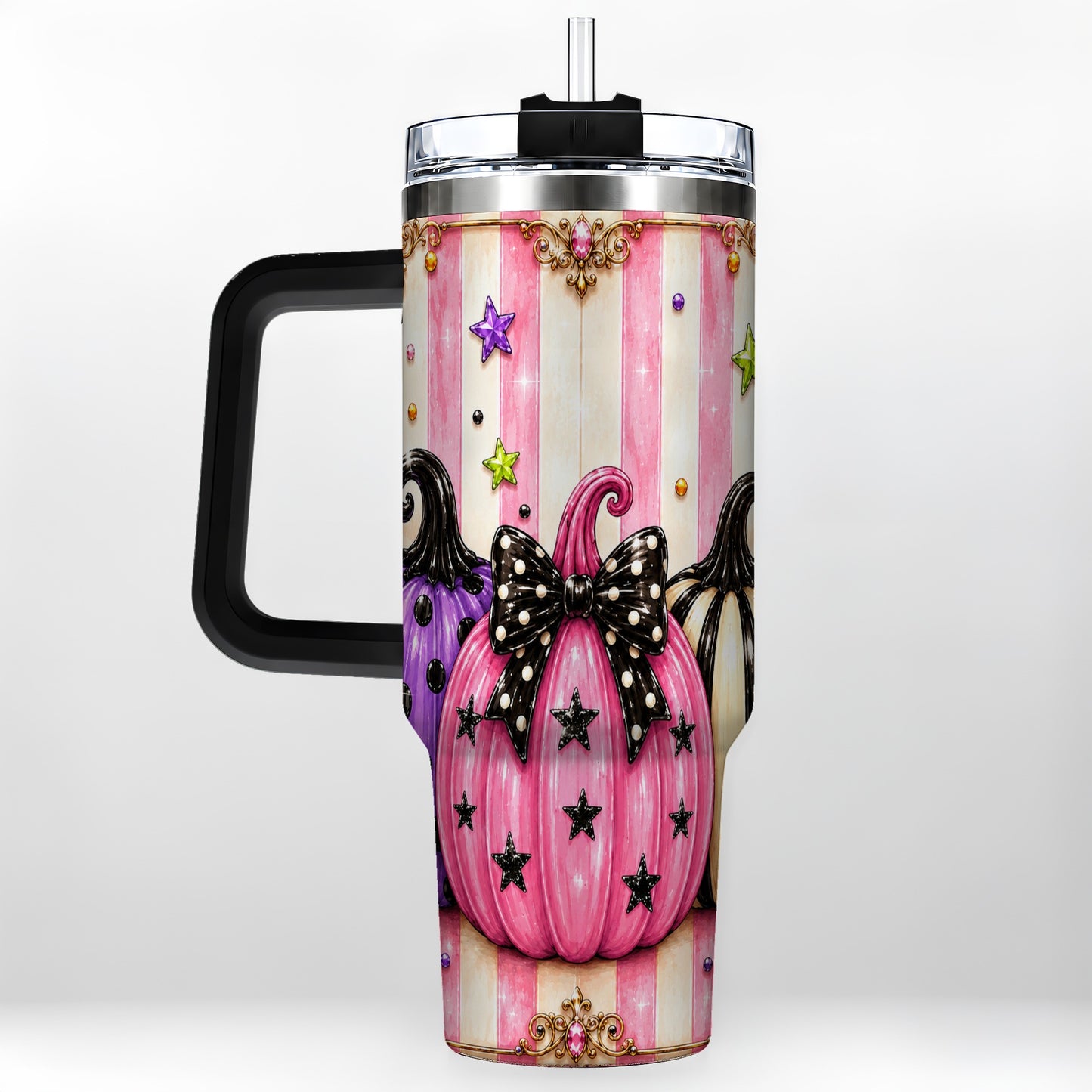 #pl[40oz|Black] Pink Pumpkin 40oz Tumbler with Handle, Halloween Stainless Steel Tumbler