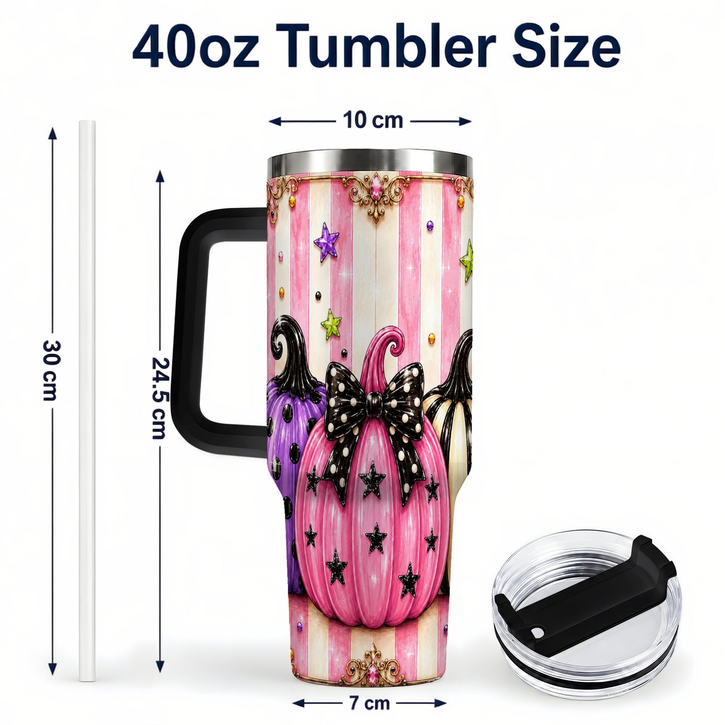 #pl[40oz|Black] Pink Pumpkin 40oz Tumbler with Handle, Halloween Stainless Steel Tumbler