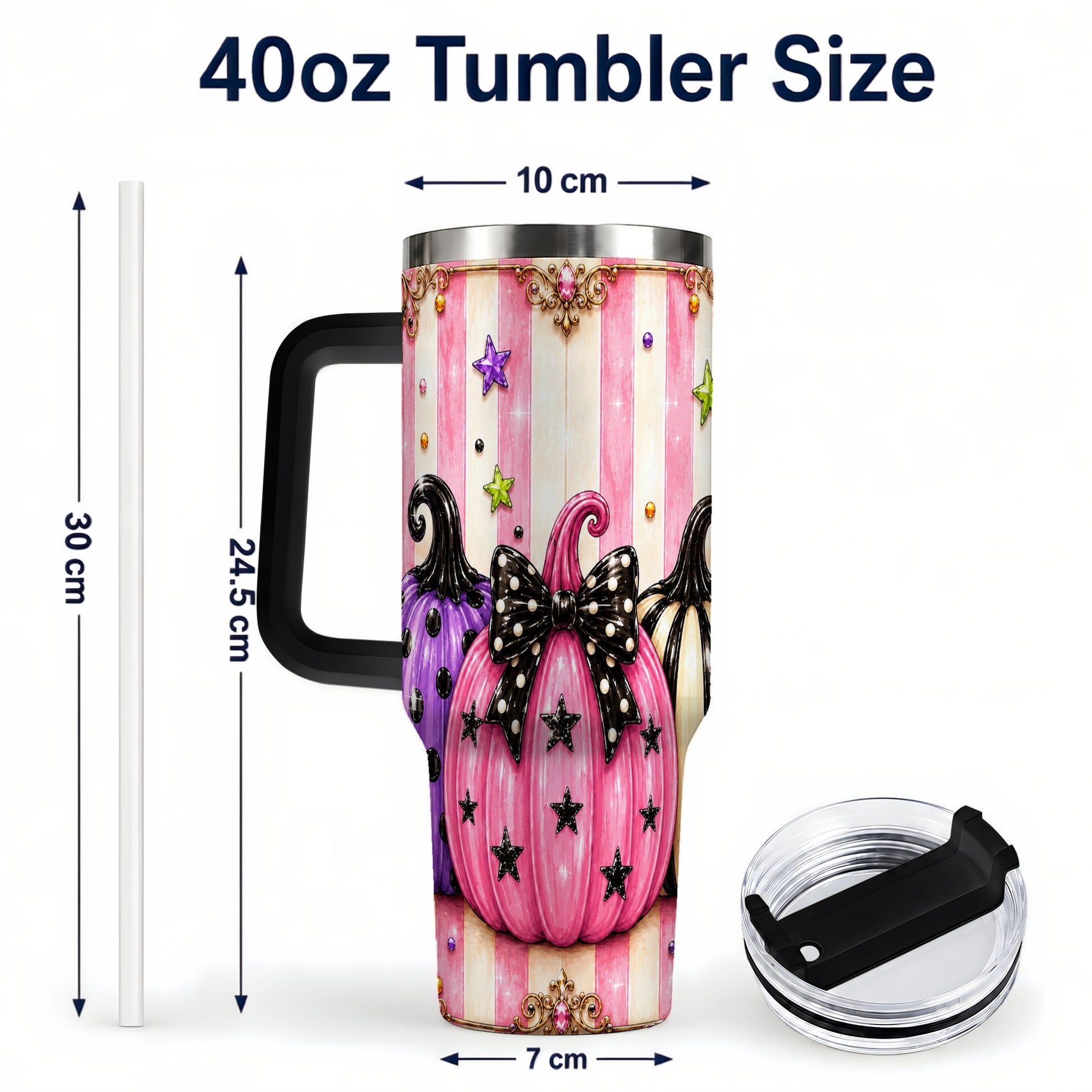 #pl[40oz|Black] Pink Pumpkin 40oz Tumbler with Handle, Halloween Stainless Steel Tumbler