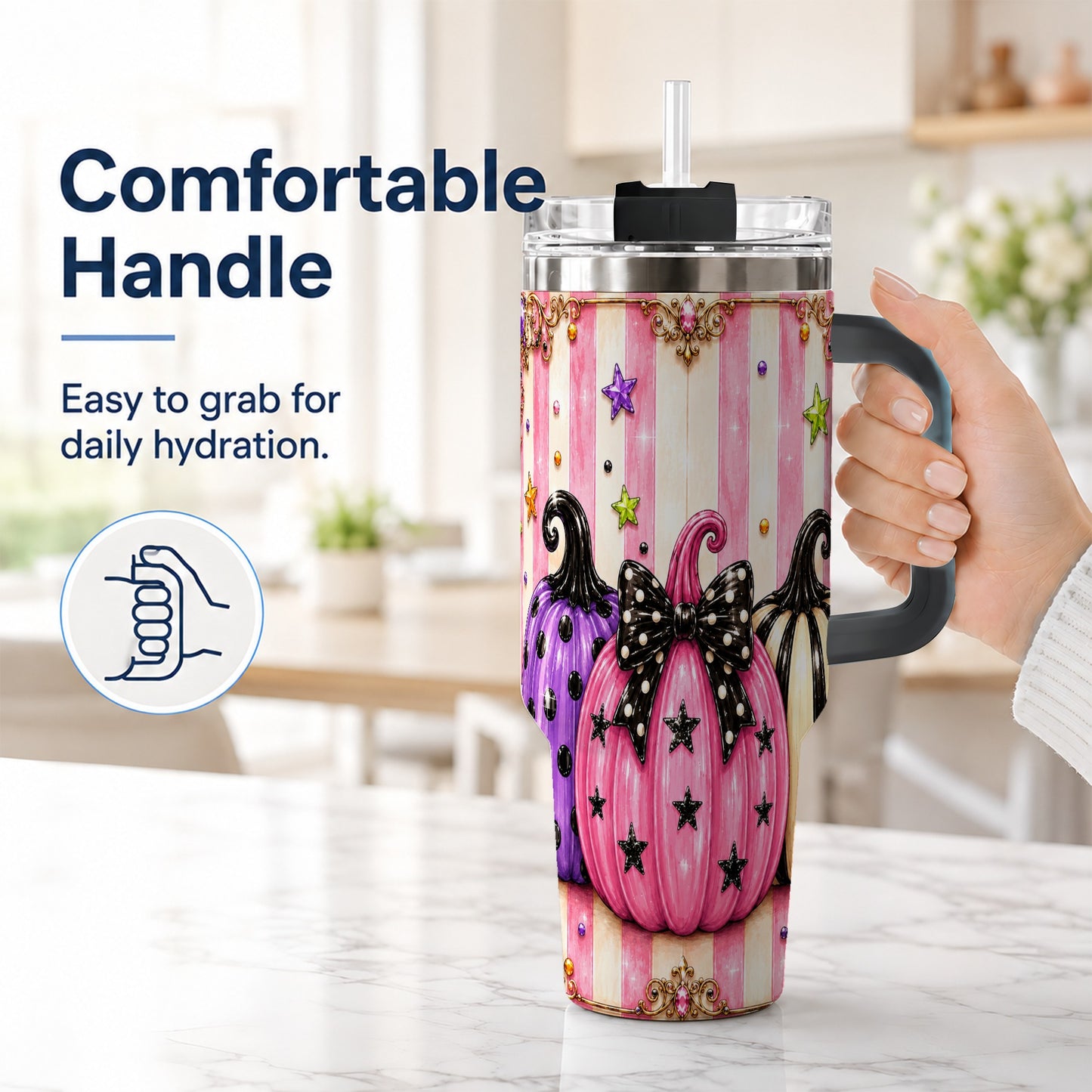 #pl[40oz|Black] Pink Pumpkin 40oz Tumbler with Handle, Halloween Stainless Steel Tumbler