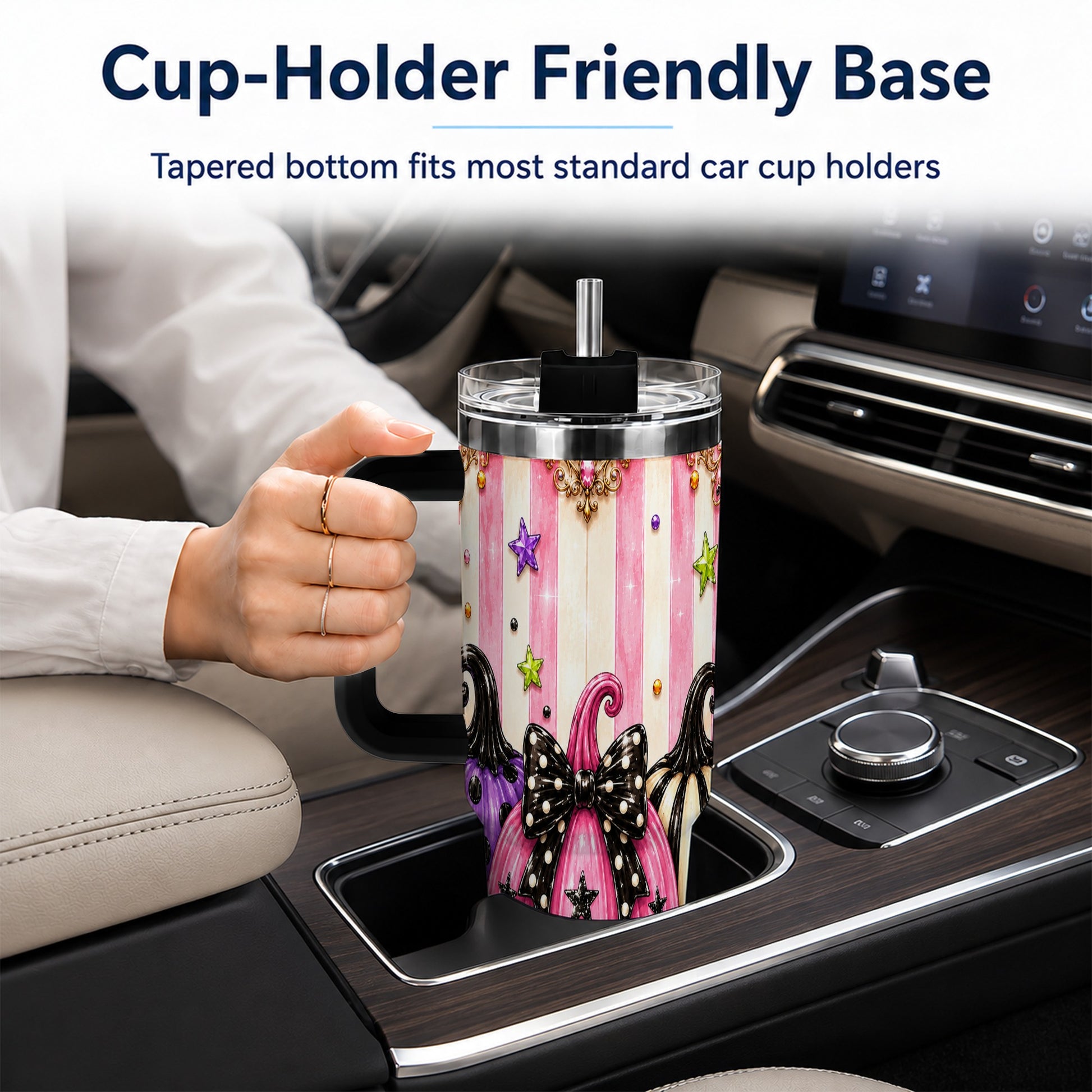 #pl[40oz|Black] Pink Pumpkin 40oz Tumbler with Handle, Halloween Stainless Steel Tumbler