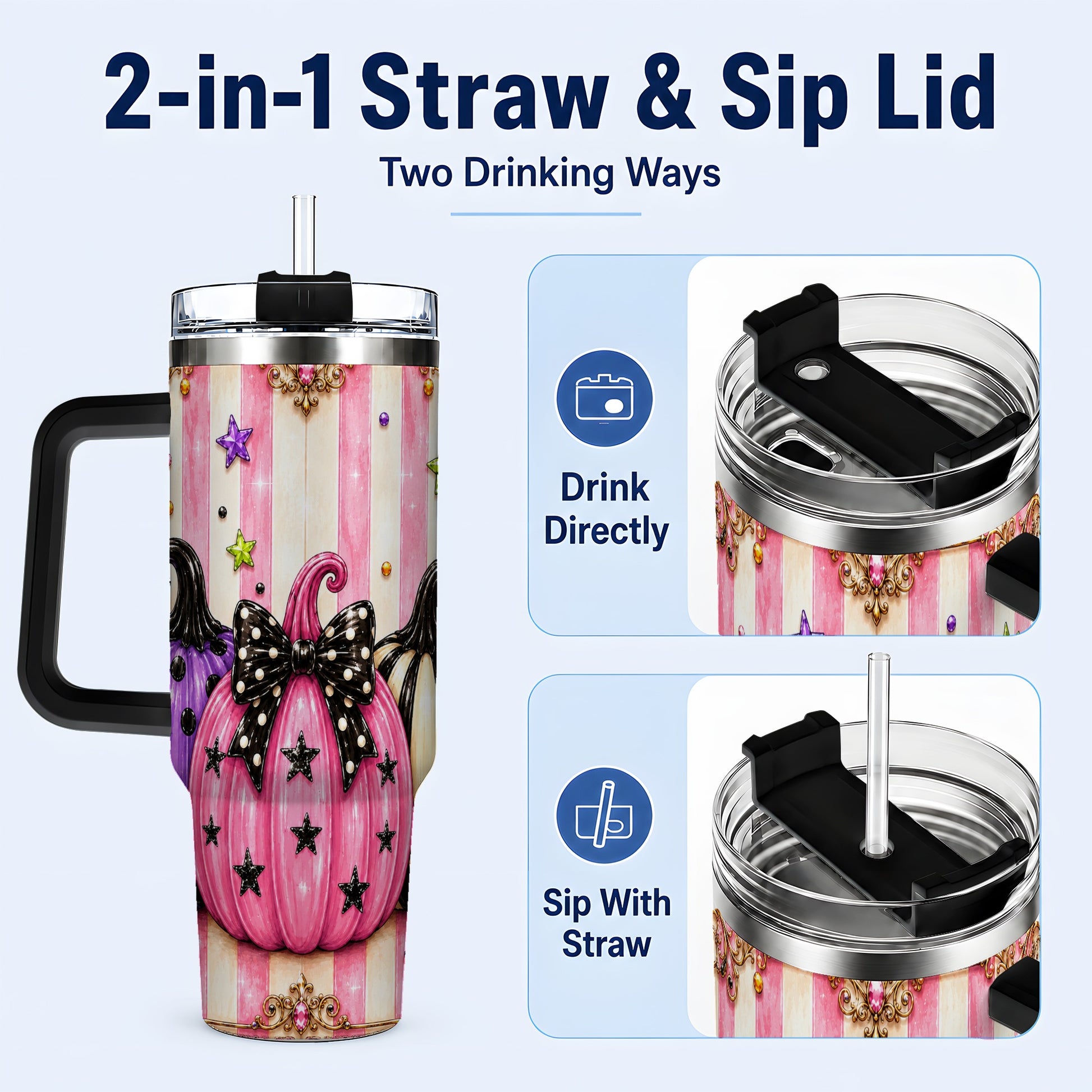 #pl[40oz|Black] Pink Pumpkin 40oz Tumbler with Handle, Halloween Stainless Steel Tumbler