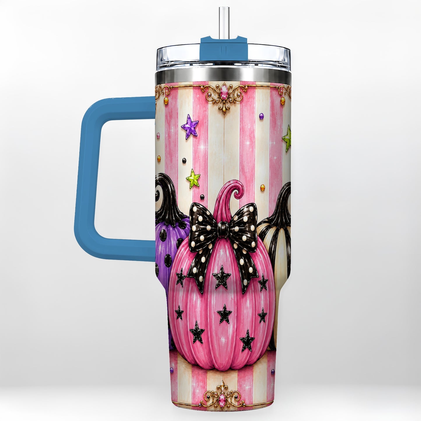 #pl[40oz|Blue] Pink Pumpkin 40oz Tumbler with Handle, Halloween Stainless Steel Tumbler