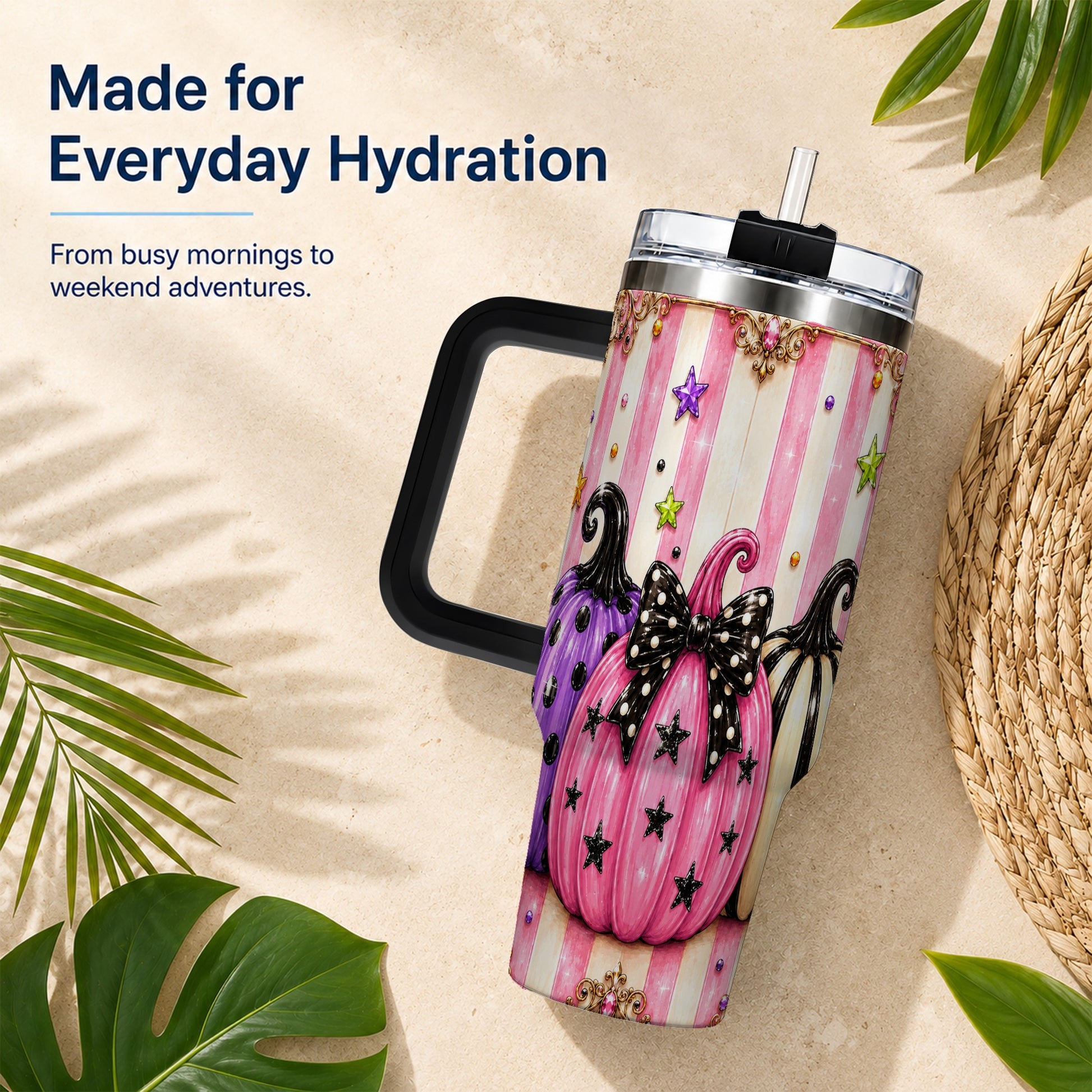 #pl[40oz|Black] Pink Pumpkin 40oz Tumbler with Handle, Halloween Stainless Steel Tumbler
