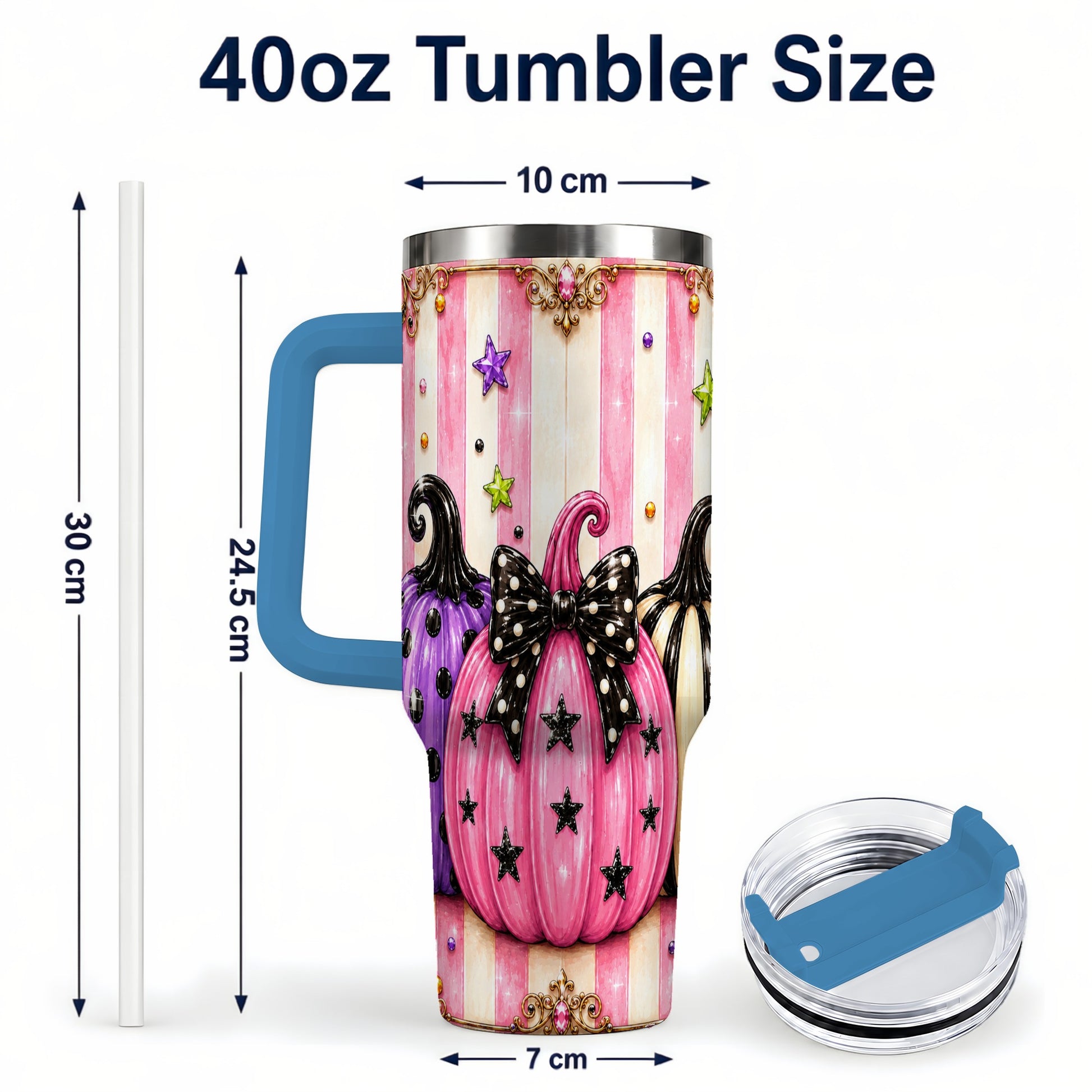 #pl[40oz|Blue] Pink Pumpkin 40oz Tumbler with Handle, Halloween Stainless Steel Tumbler
