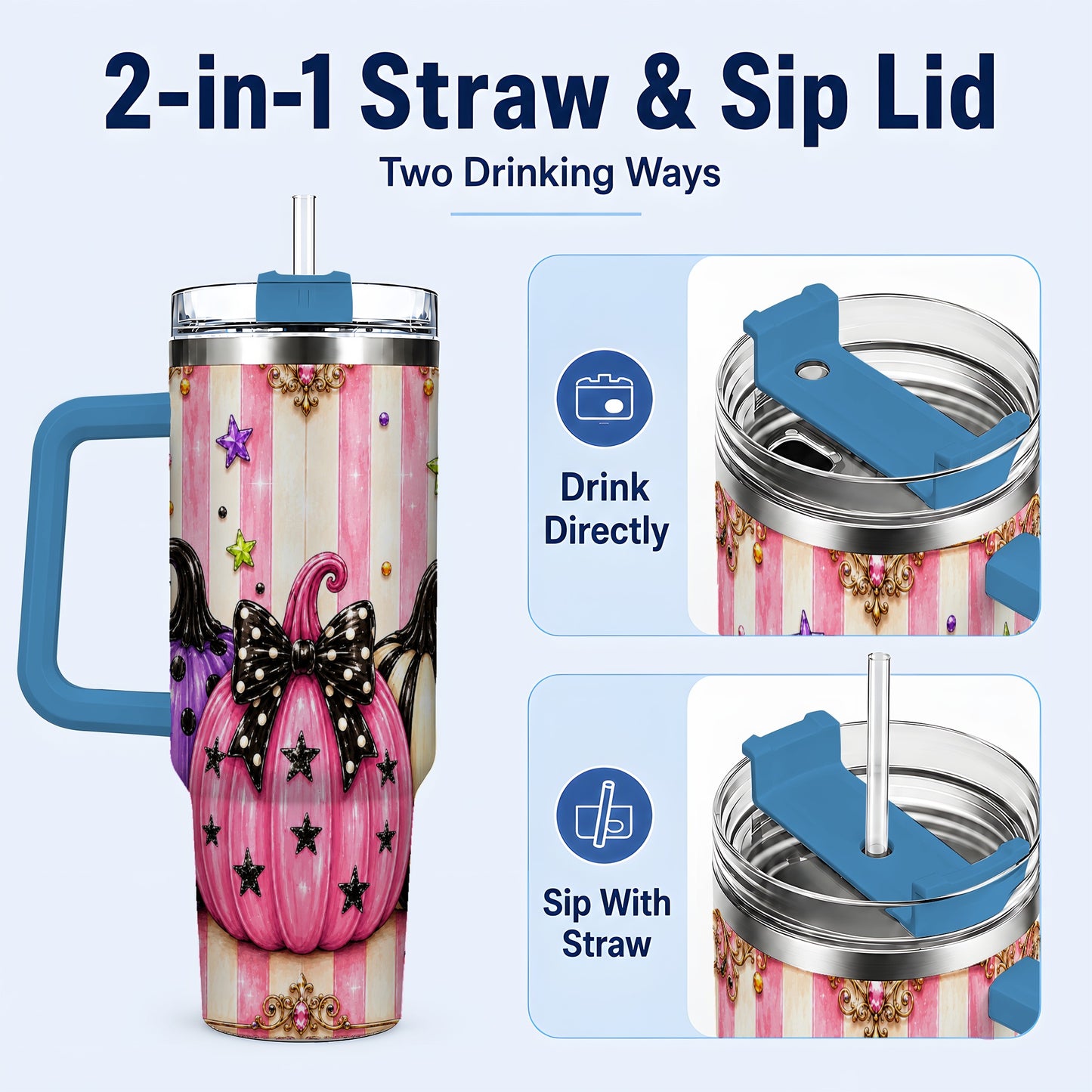 #pl[40oz|Blue] Pink Pumpkin 40oz Tumbler with Handle, Halloween Stainless Steel Tumbler