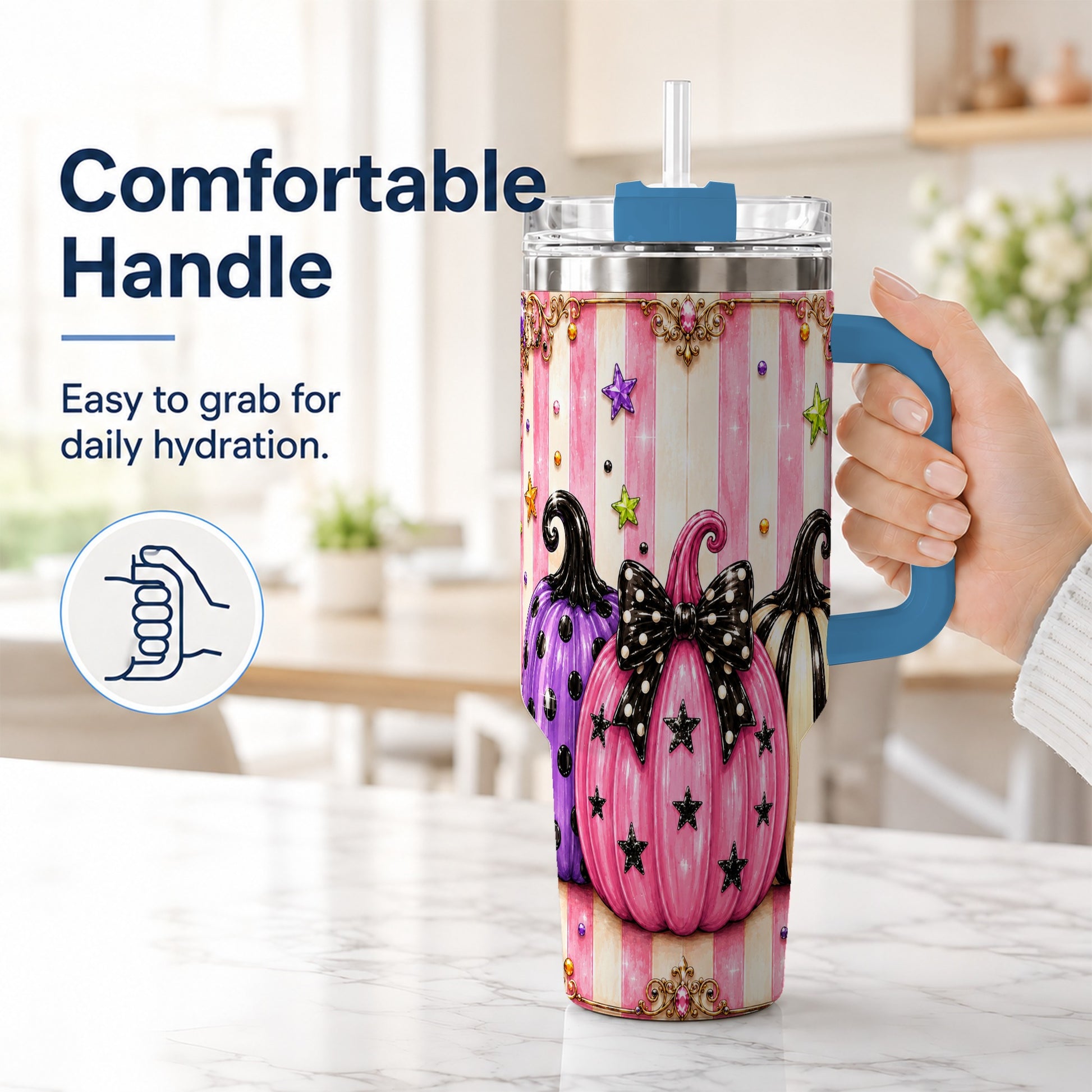 #pl[40oz|Blue] Pink Pumpkin 40oz Tumbler with Handle, Halloween Stainless Steel Tumbler