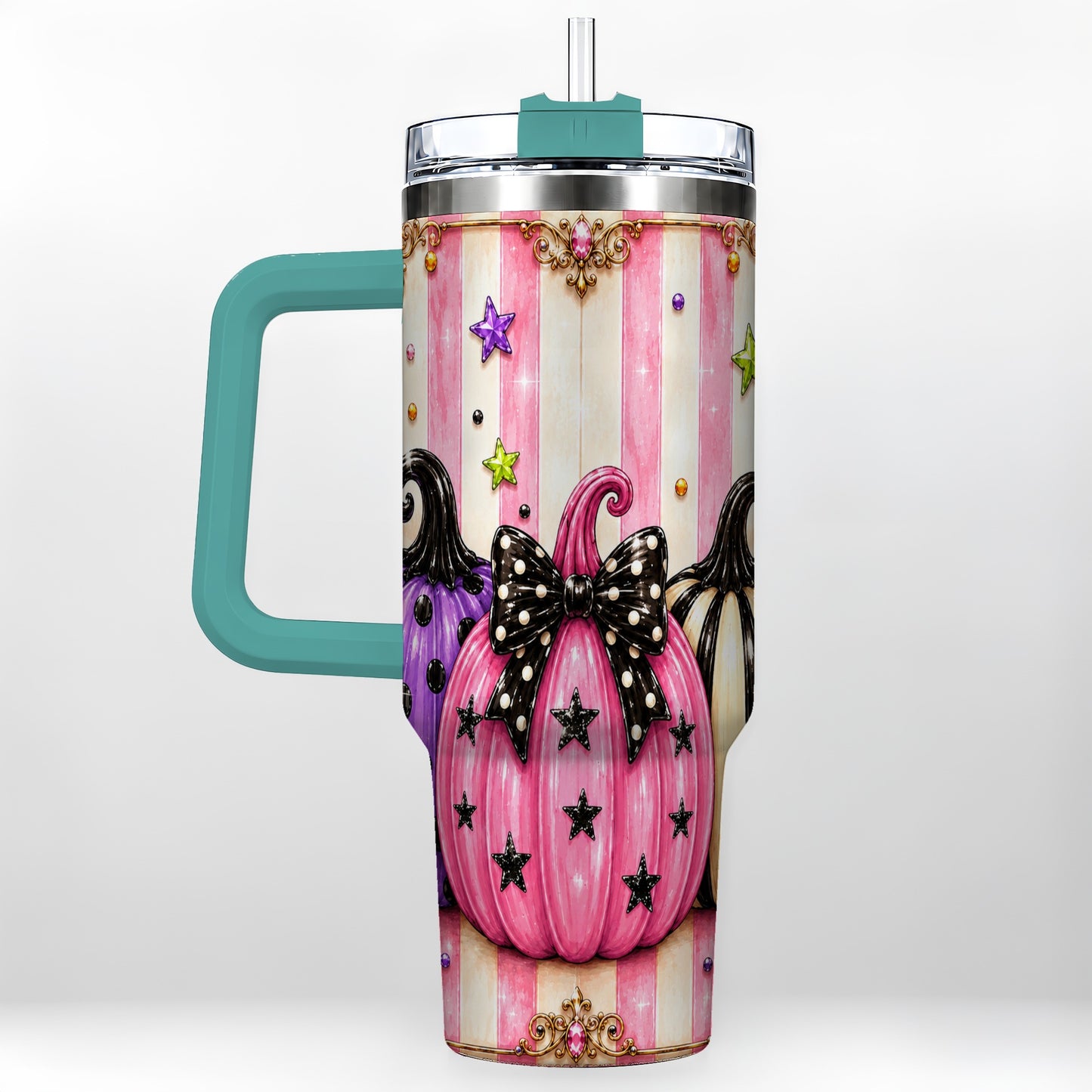 #pl[40oz|Green] Pink Pumpkin 40oz Tumbler with Handle, Halloween Stainless Steel Tumbler