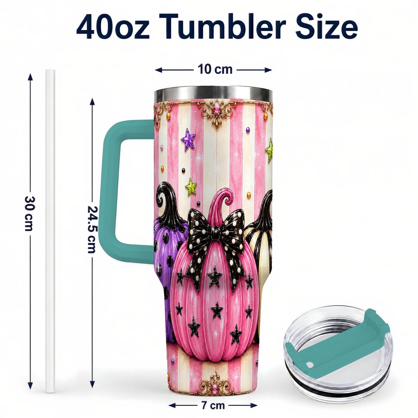#pl[40oz|Green] Pink Pumpkin 40oz Tumbler with Handle, Halloween Stainless Steel Tumbler