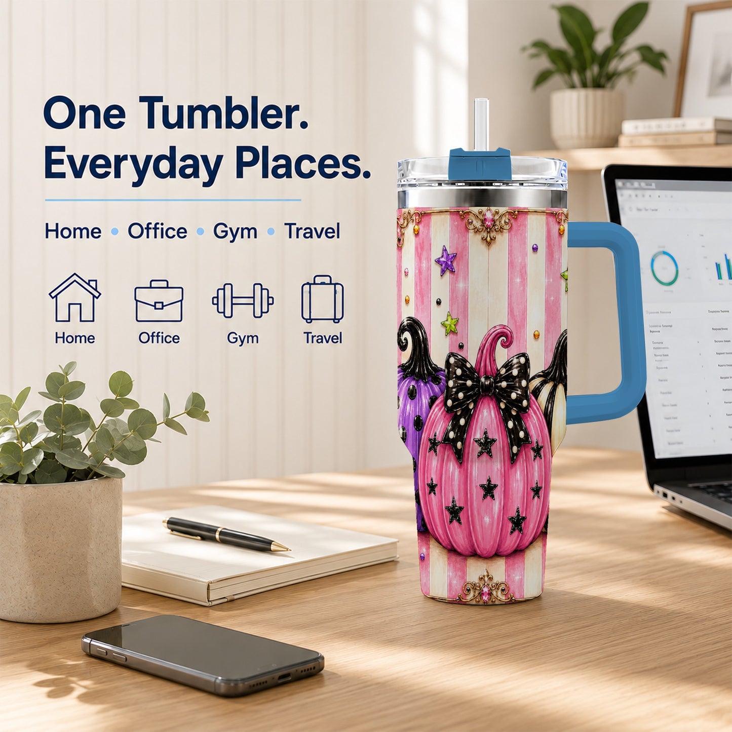 #pl[40oz|Blue] Pink Pumpkin 40oz Tumbler with Handle, Halloween Stainless Steel Tumbler