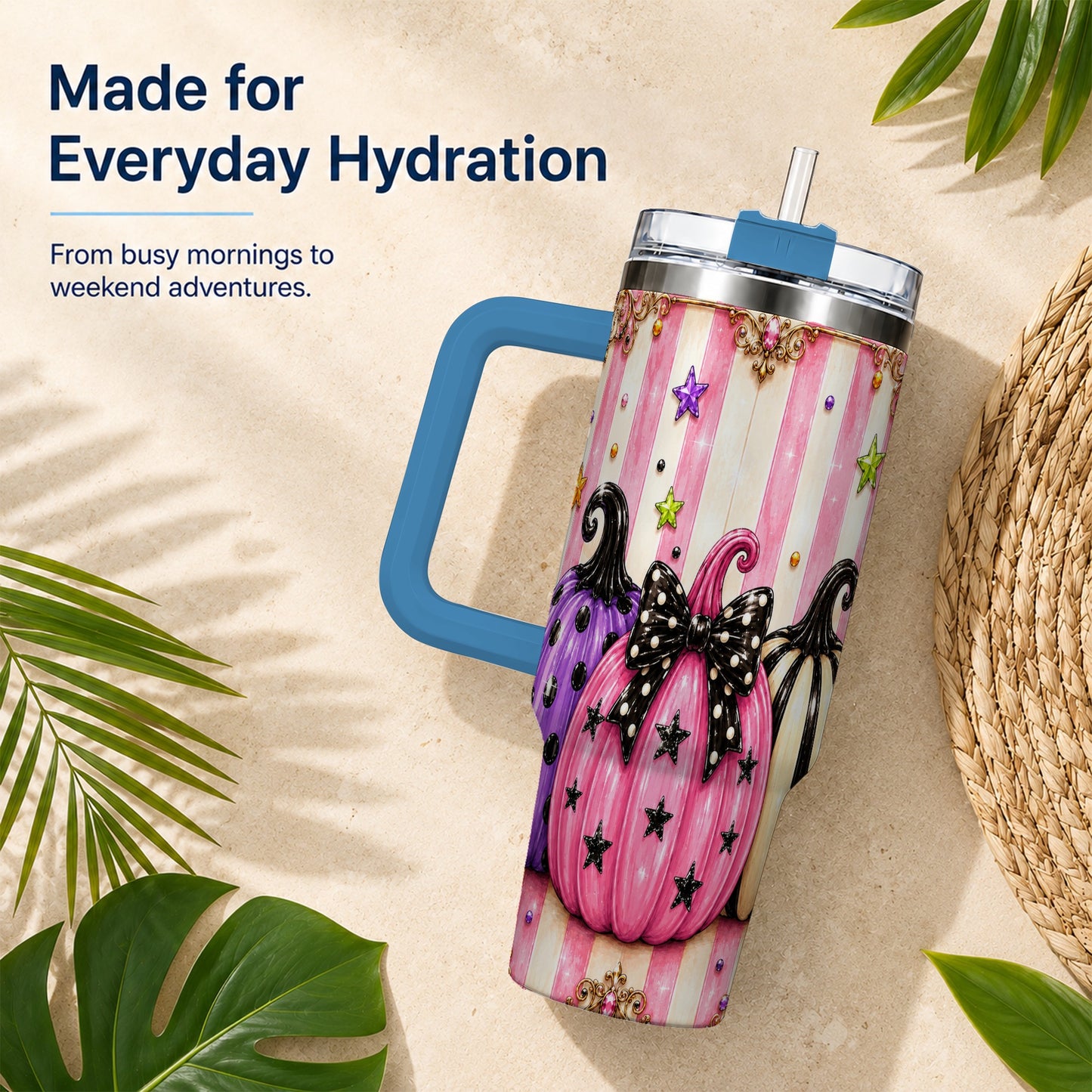 #pl[40oz|Blue] Pink Pumpkin 40oz Tumbler with Handle, Halloween Stainless Steel Tumbler
