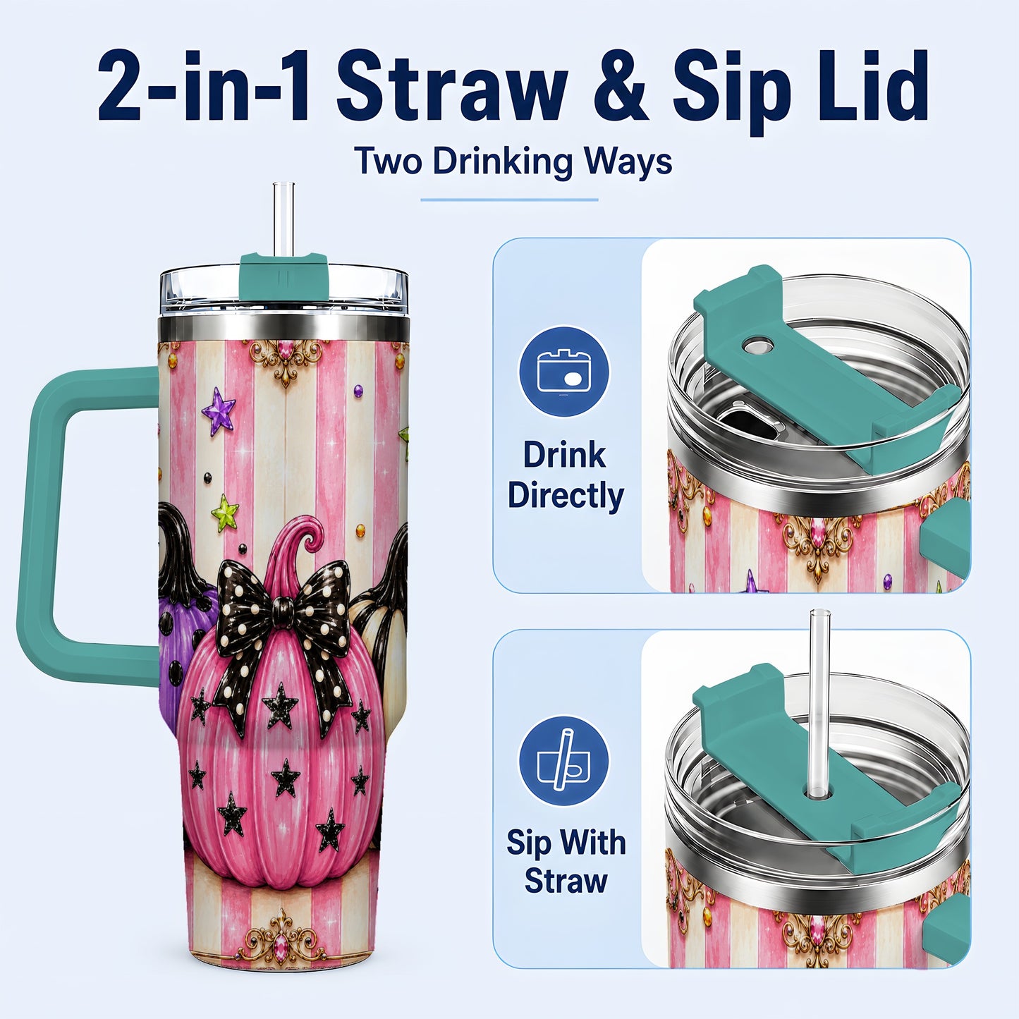#pl[40oz|Green] Pink Pumpkin 40oz Tumbler with Handle, Halloween Stainless Steel Tumbler