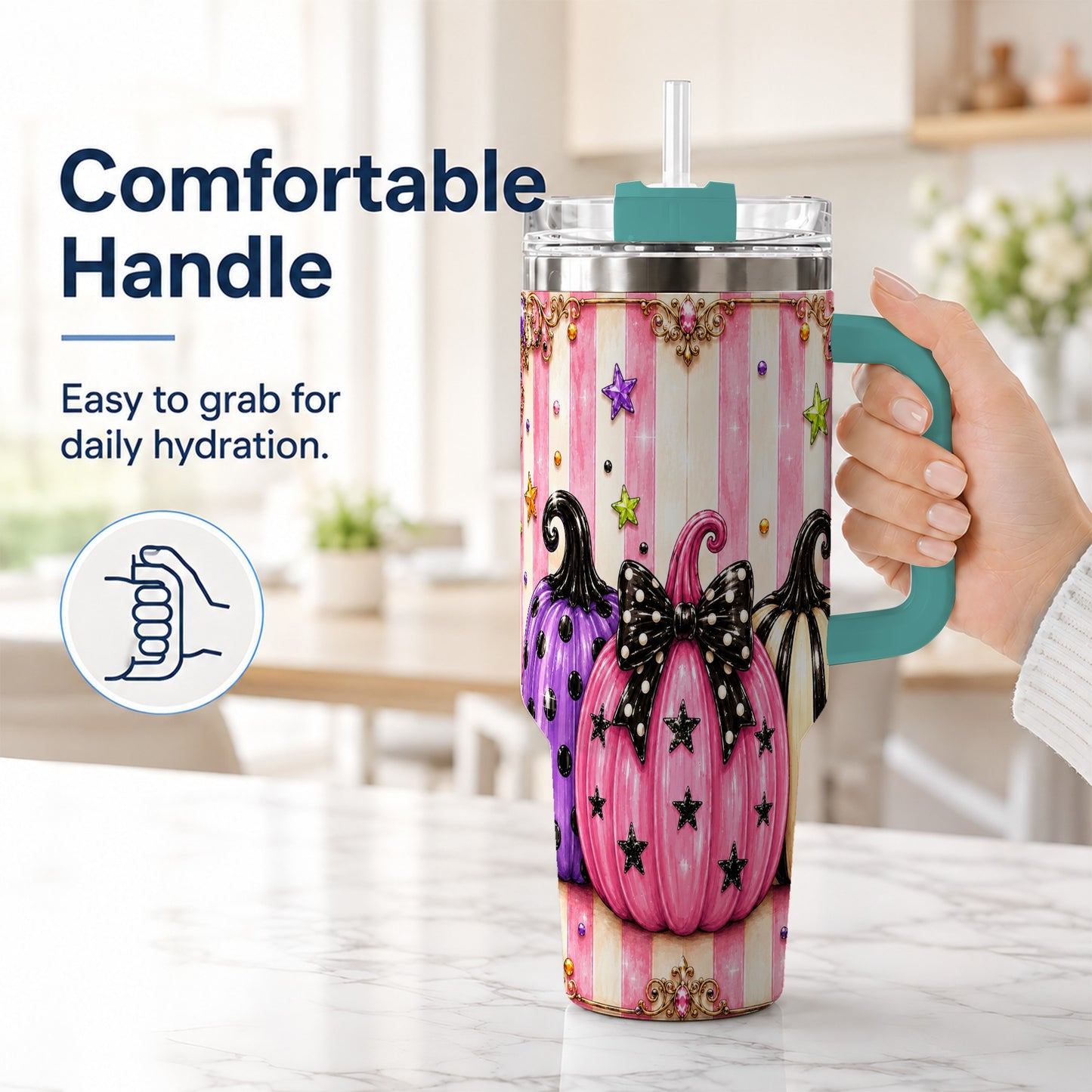 #pl[40oz|Green] Pink Pumpkin 40oz Tumbler with Handle, Halloween Stainless Steel Tumbler