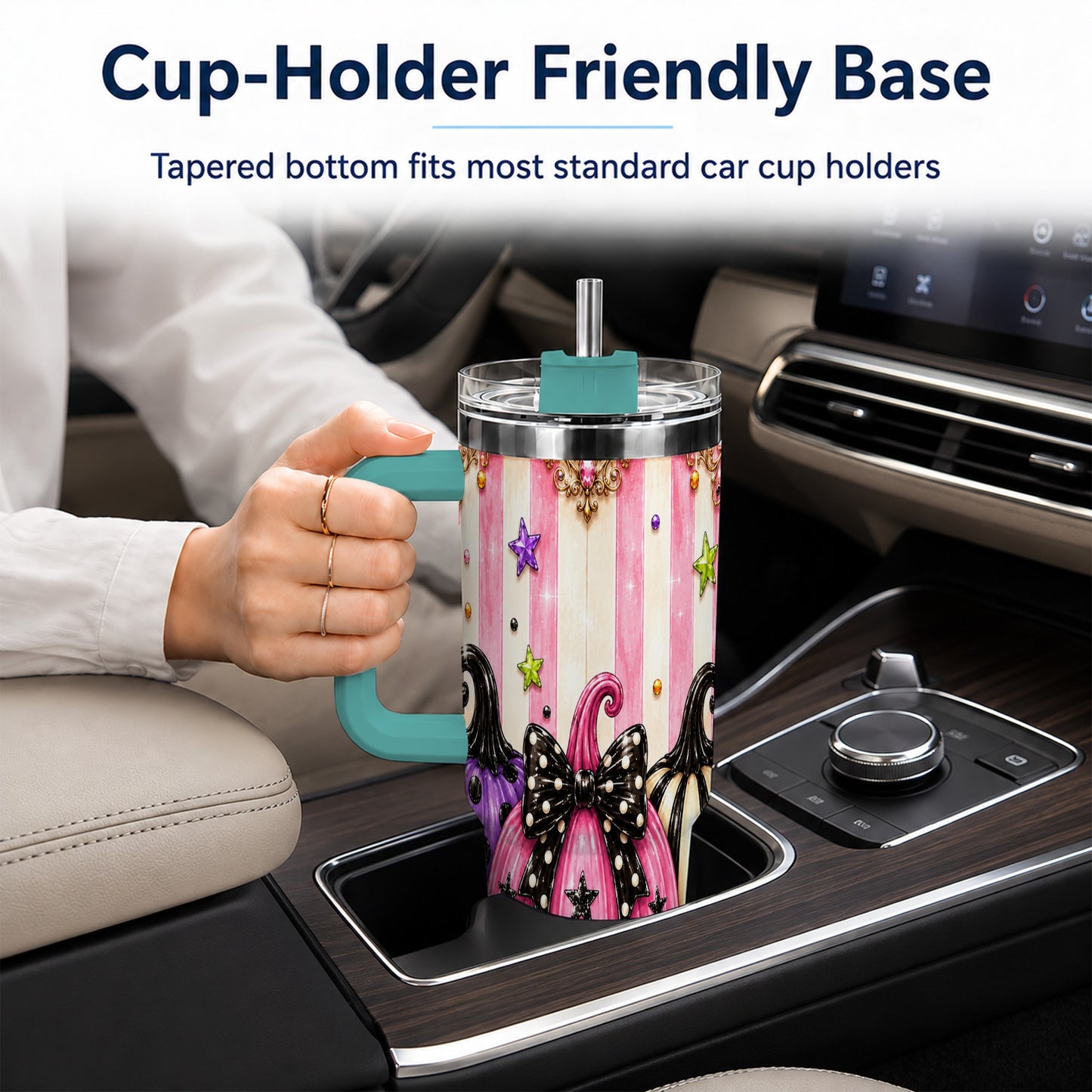#pl[40oz|Green] Pink Pumpkin 40oz Tumbler with Handle, Halloween Stainless Steel Tumbler
