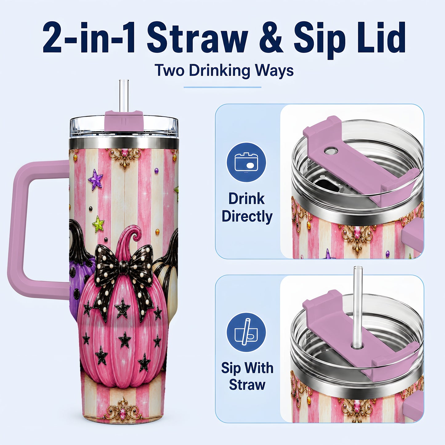 #pl[40oz|Pink] Pink Pumpkin 40oz Tumbler with Handle, Halloween Stainless Steel Tumbler