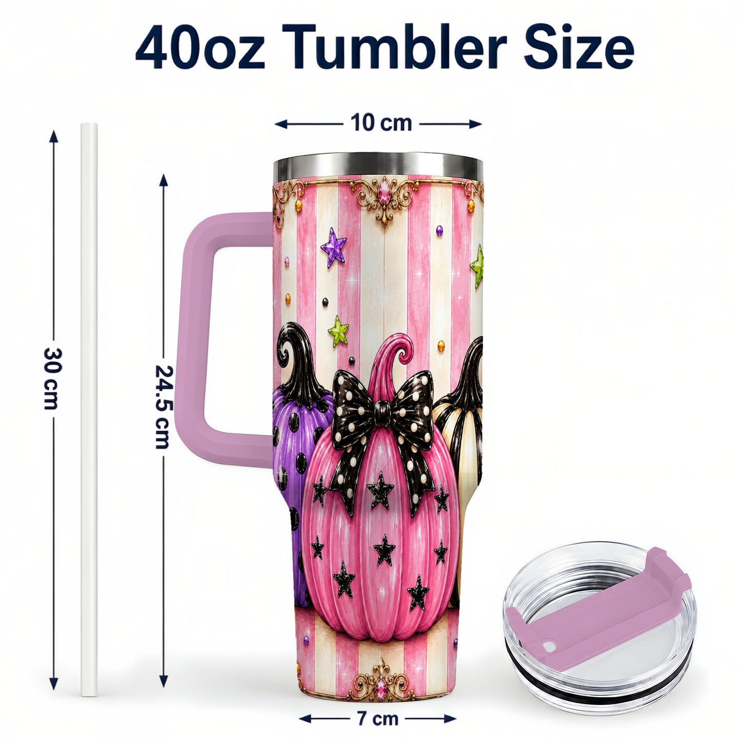 #pl[40oz|Pink] Pink Pumpkin 40oz Tumbler with Handle, Halloween Stainless Steel Tumbler