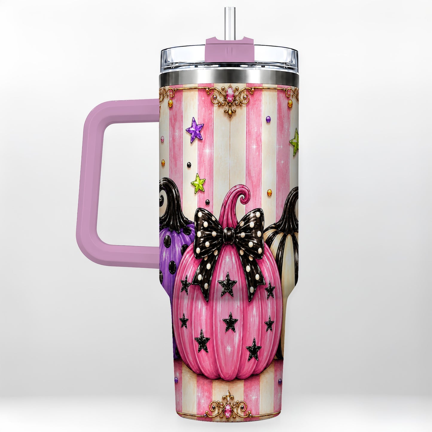 #pl[40oz|Pink] Pink Pumpkin 40oz Tumbler with Handle, Halloween Stainless Steel Tumbler