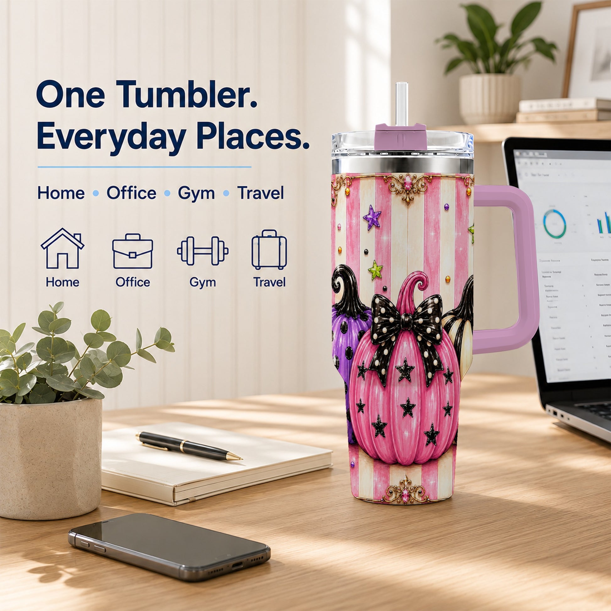 #pl[40oz|Pink] Pink Pumpkin 40oz Tumbler with Handle, Halloween Stainless Steel Tumbler