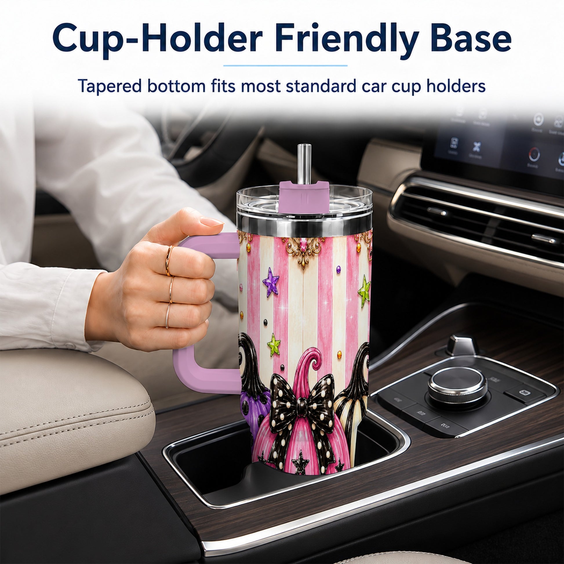#pl[40oz|Pink] Pink Pumpkin 40oz Tumbler with Handle, Halloween Stainless Steel Tumbler