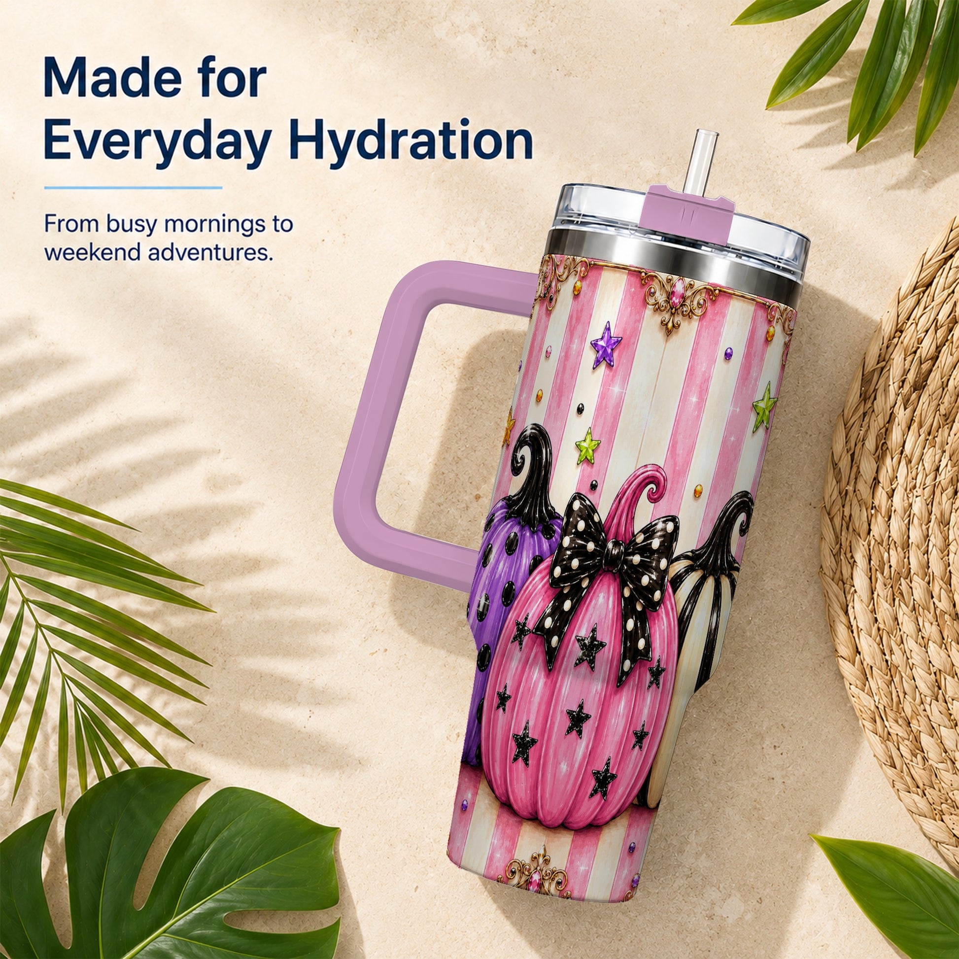 #pl[40oz|Pink] Pink Pumpkin 40oz Tumbler with Handle, Halloween Stainless Steel Tumbler