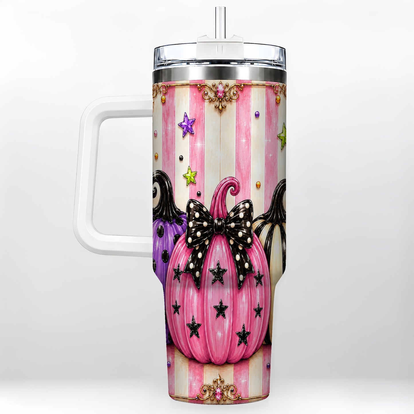 #pl[40oz|White] Pink Pumpkin 40oz Tumbler with Handle, Halloween Stainless Steel Tumbler