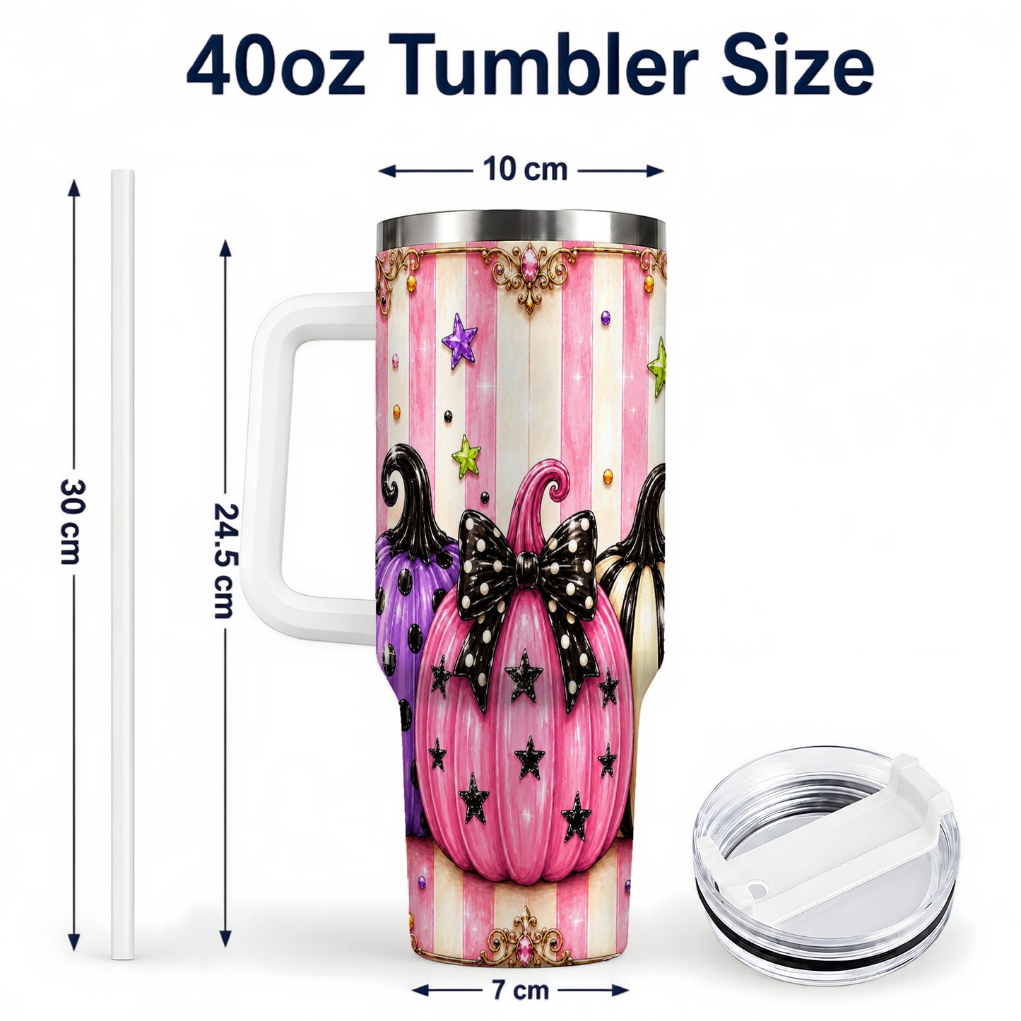 #pl[40oz|White] Pink Pumpkin 40oz Tumbler with Handle, Halloween Stainless Steel Tumbler
