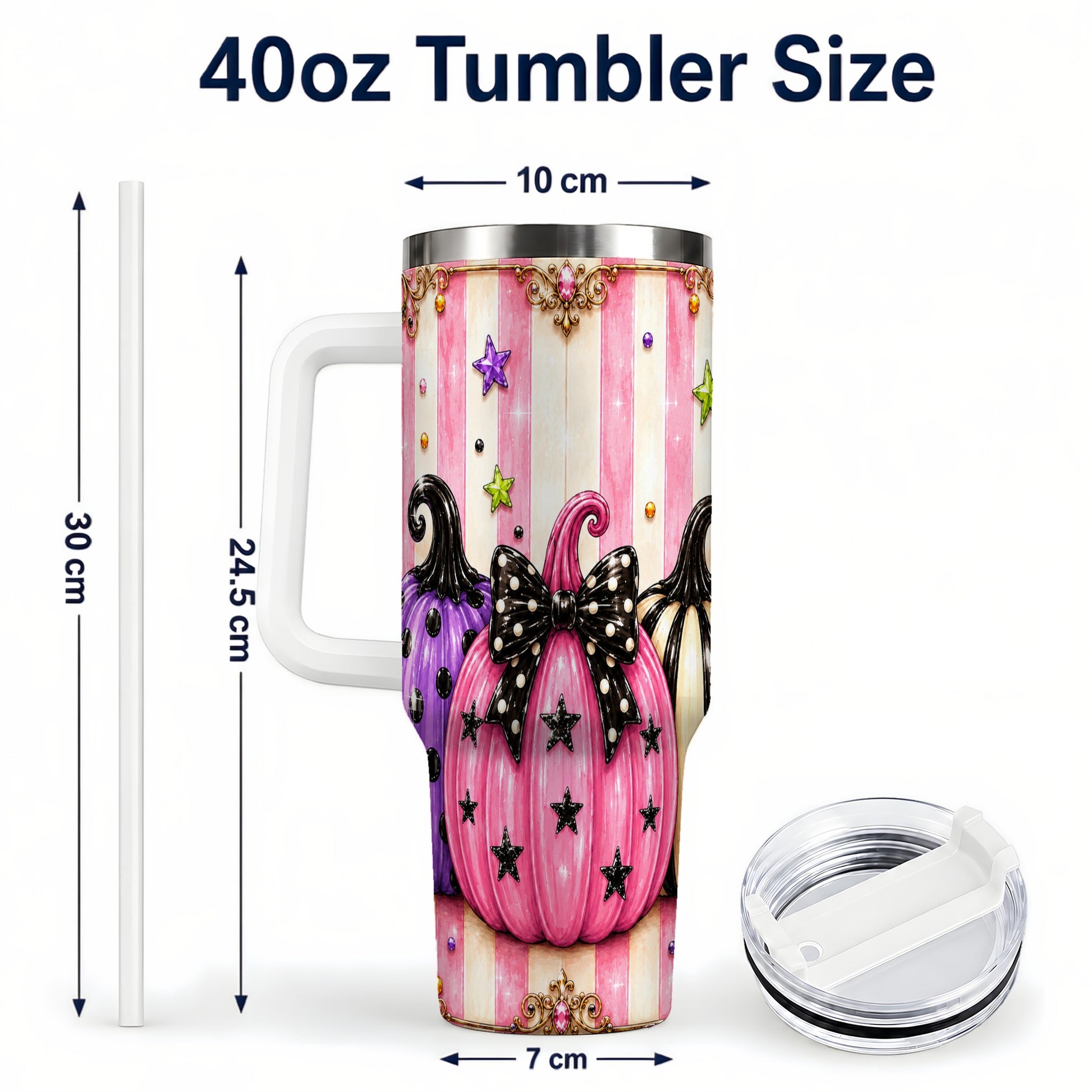 #pl[40oz|White] Pink Pumpkin 40oz Tumbler with Handle, Halloween Stainless Steel Tumbler