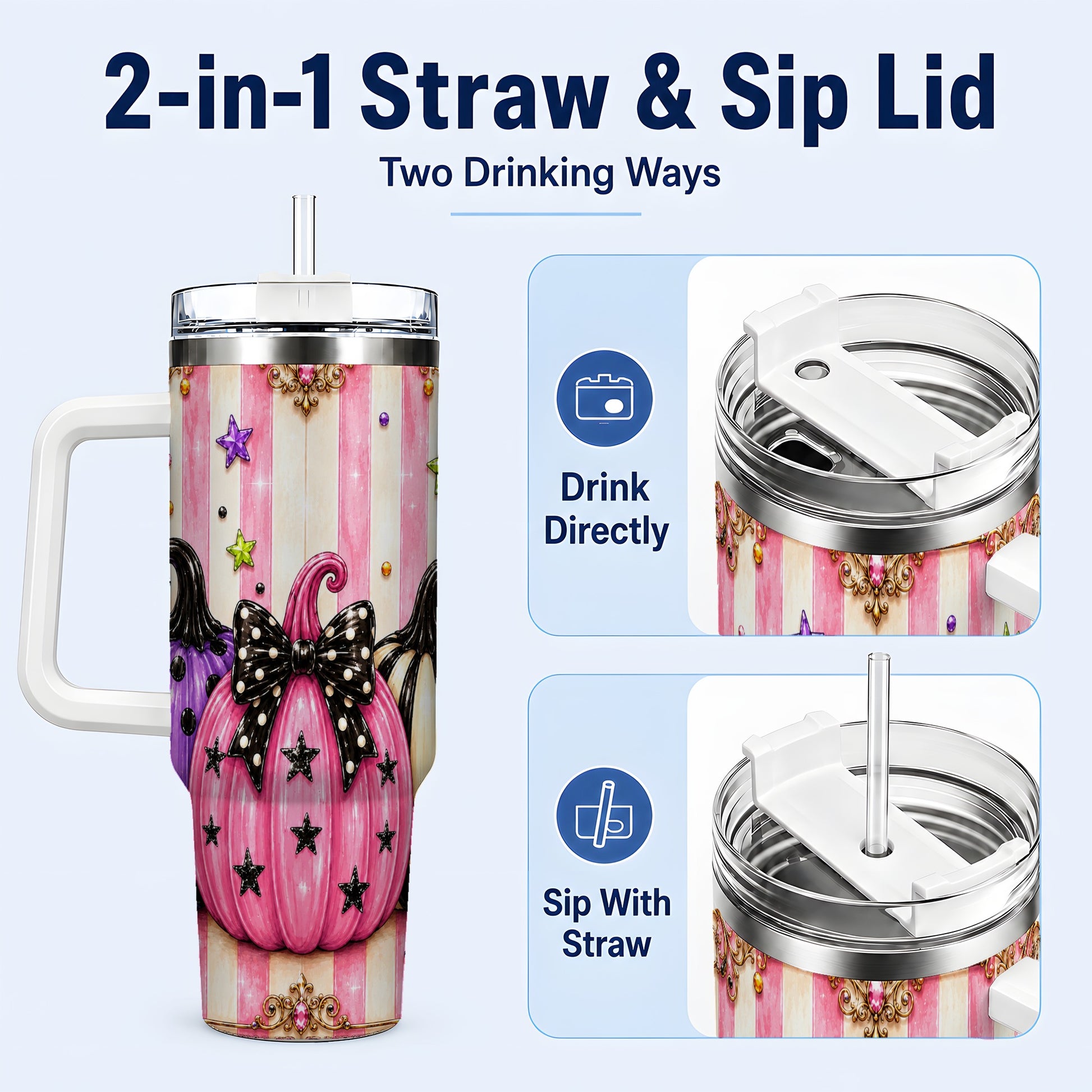 #pl[40oz|White] Pink Pumpkin 40oz Tumbler with Handle, Halloween Stainless Steel Tumbler