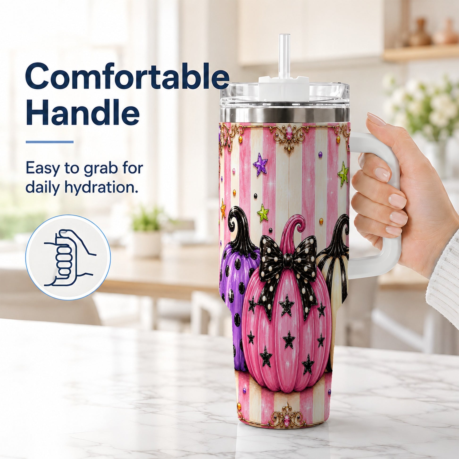 #pl[40oz|White] Pink Pumpkin 40oz Tumbler with Handle, Halloween Stainless Steel Tumbler