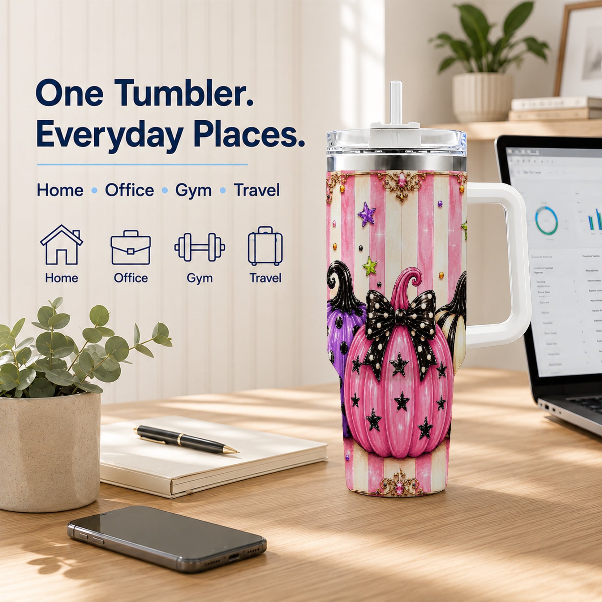 #pl[40oz|White] Pink Pumpkin 40oz Tumbler with Handle, Halloween Stainless Steel Tumbler