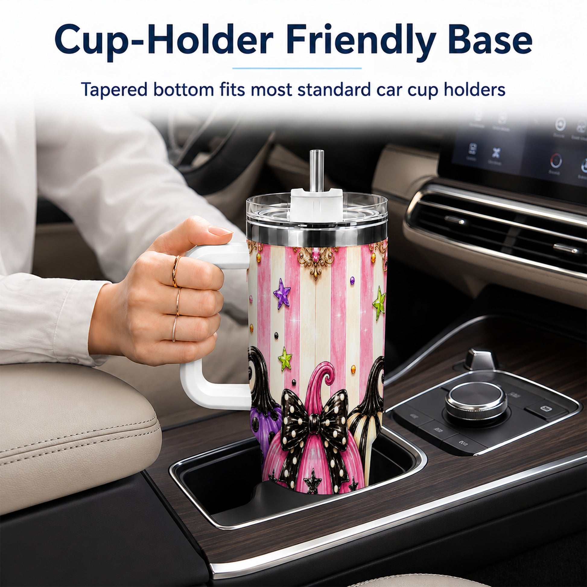 #pl[40oz|White] Pink Pumpkin 40oz Tumbler with Handle, Halloween Stainless Steel Tumbler