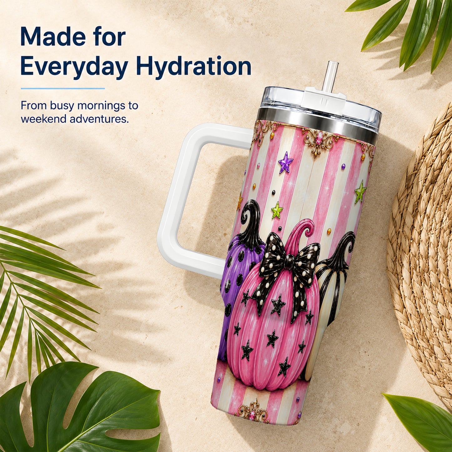 #pl[40oz|White] Pink Pumpkin 40oz Tumbler with Handle, Halloween Stainless Steel Tumbler