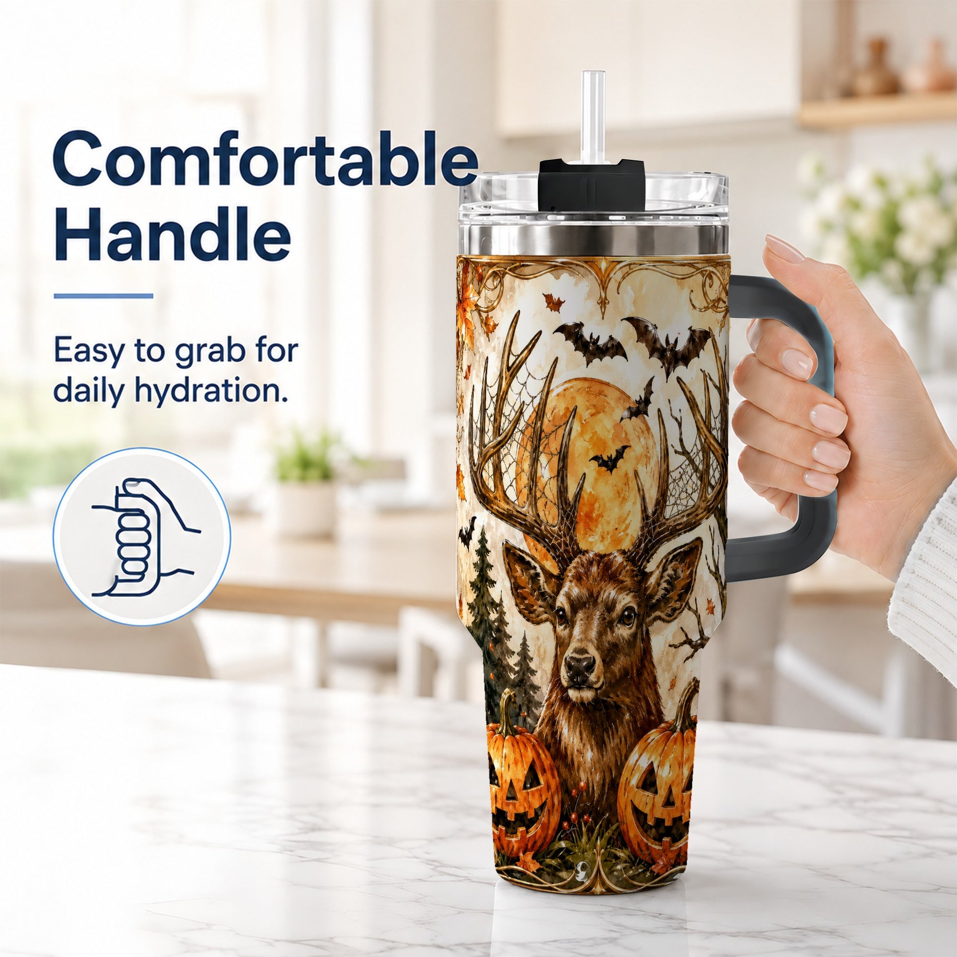 #pl[40oz|Black] Halloween Deer 40oz Tumbler with Handle, Stainless Steel Tumbler
