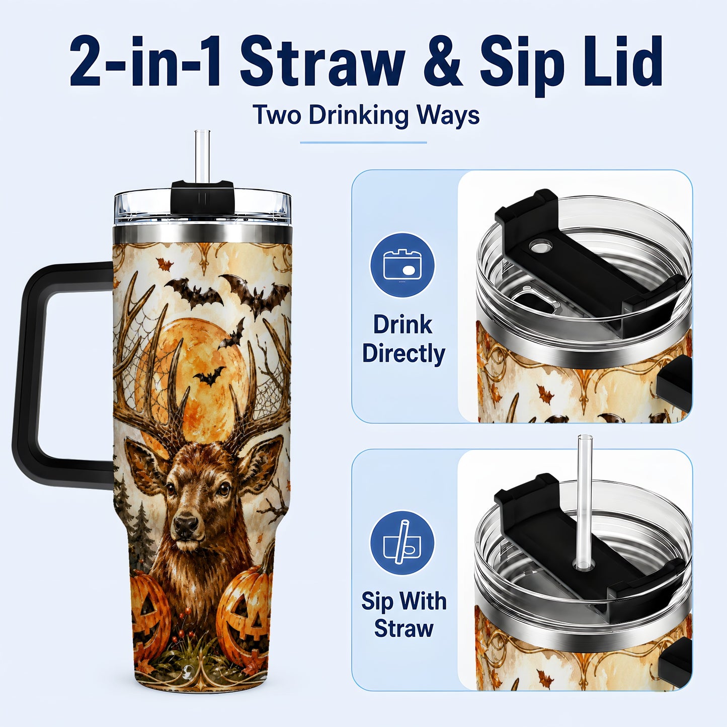 #pl[40oz|Black] Halloween Deer 40oz Tumbler with Handle, Stainless Steel Tumbler