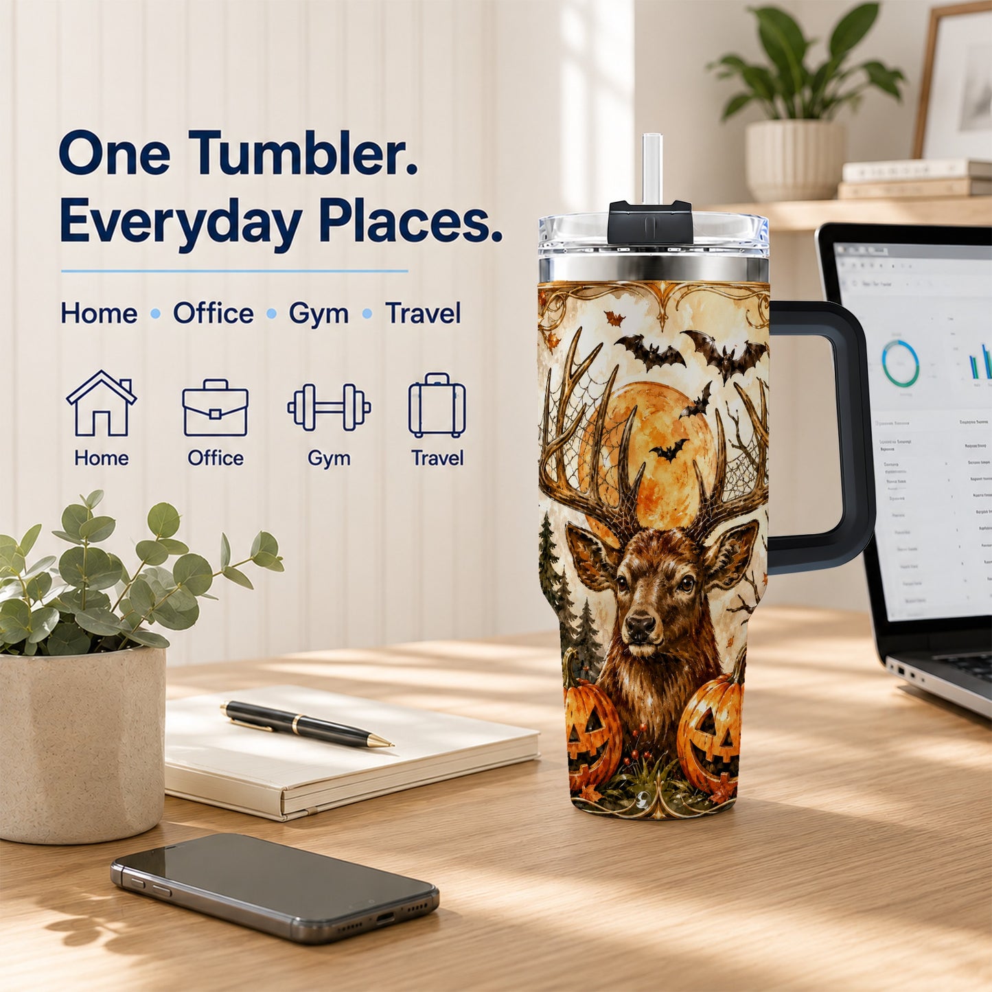 #pl[40oz|Black] Halloween Deer 40oz Tumbler with Handle, Stainless Steel Tumbler
