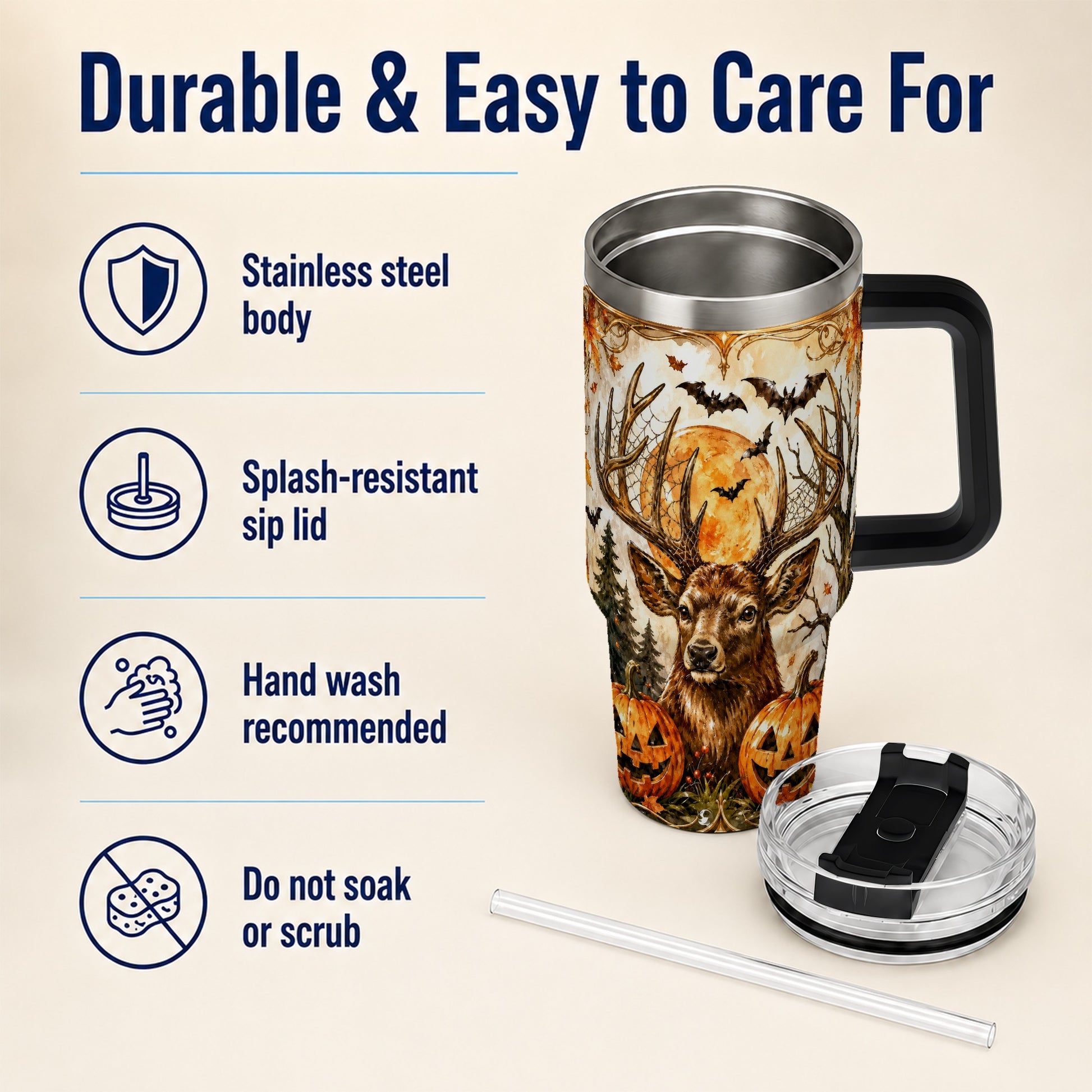 #pl[40oz|Black] Halloween Deer 40oz Tumbler with Handle, Stainless Steel Tumbler