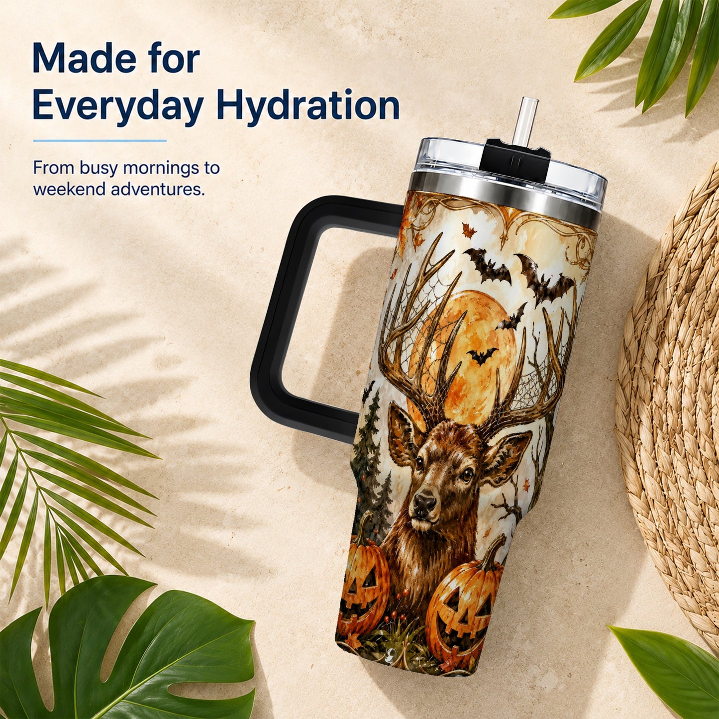 #pl[40oz|Black] Halloween Deer 40oz Tumbler with Handle, Stainless Steel Tumbler