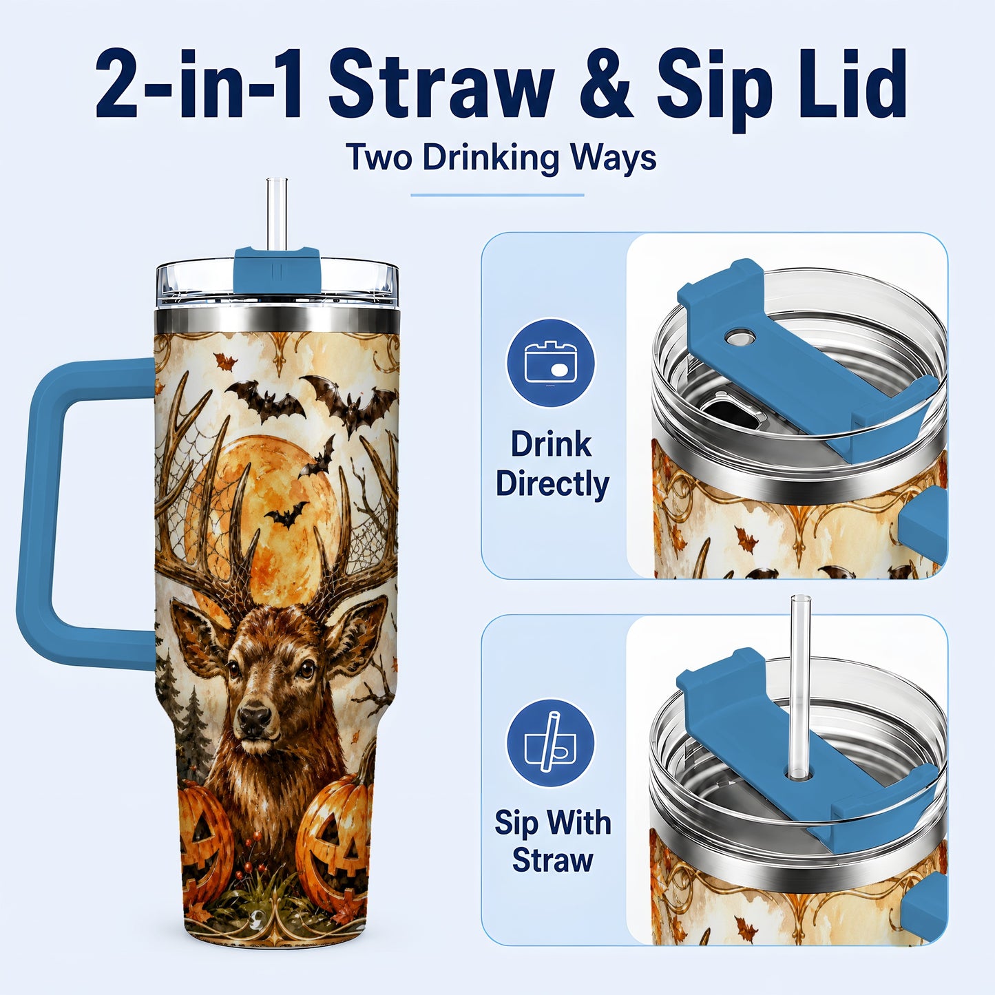 #pl[40oz|Blue] Halloween Deer 40oz Tumbler with Handle, Stainless Steel Tumbler