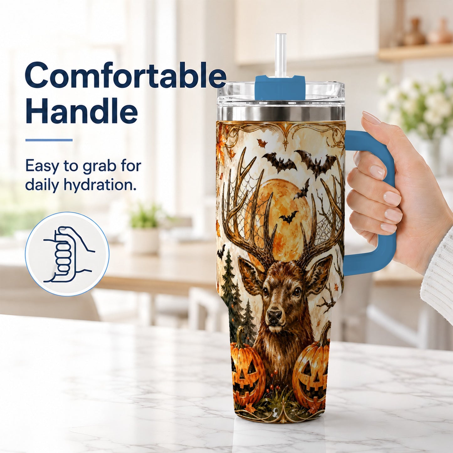 #pl[40oz|Blue] Halloween Deer 40oz Tumbler with Handle, Stainless Steel Tumbler