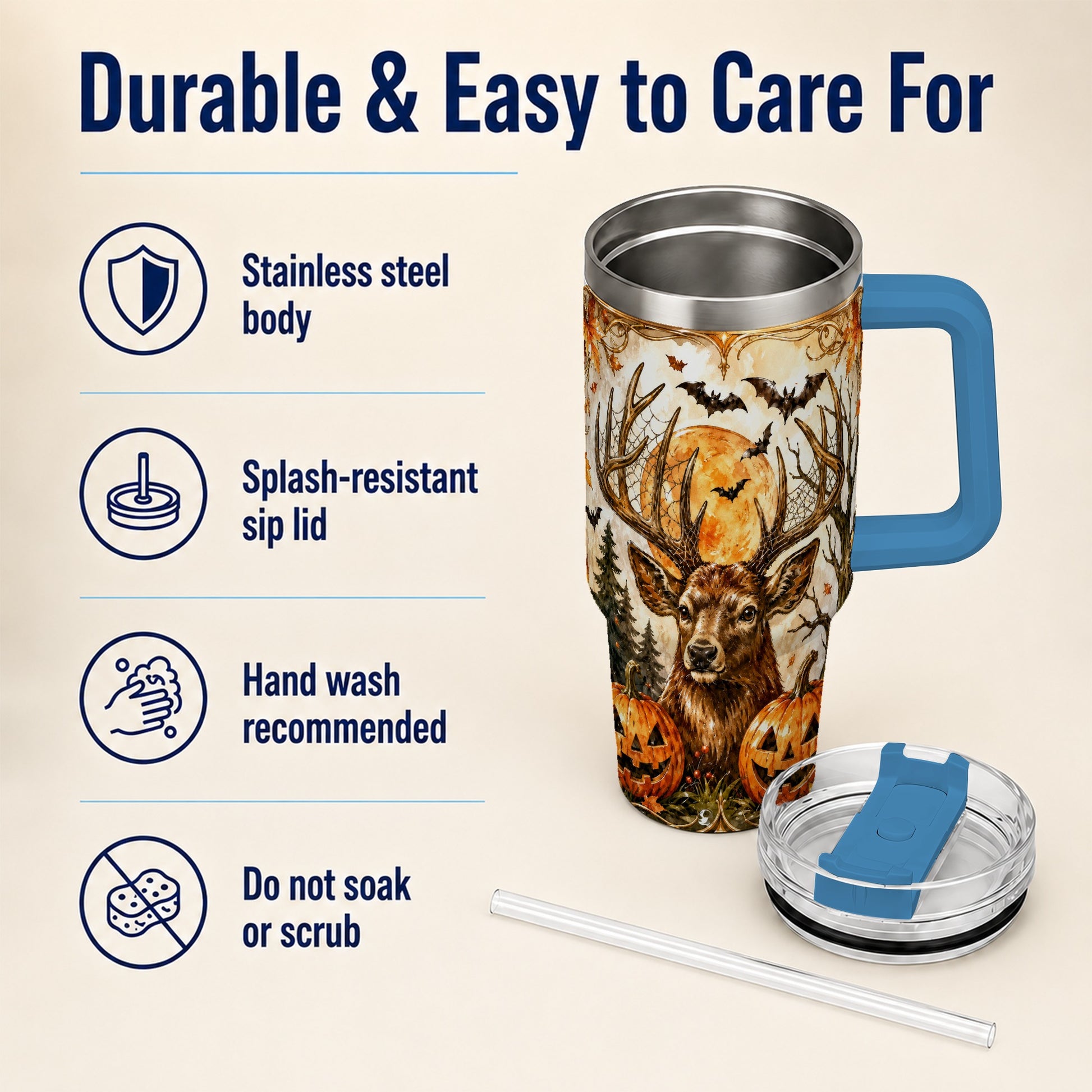 #pl[40oz|Blue] Halloween Deer 40oz Tumbler with Handle, Stainless Steel Tumbler