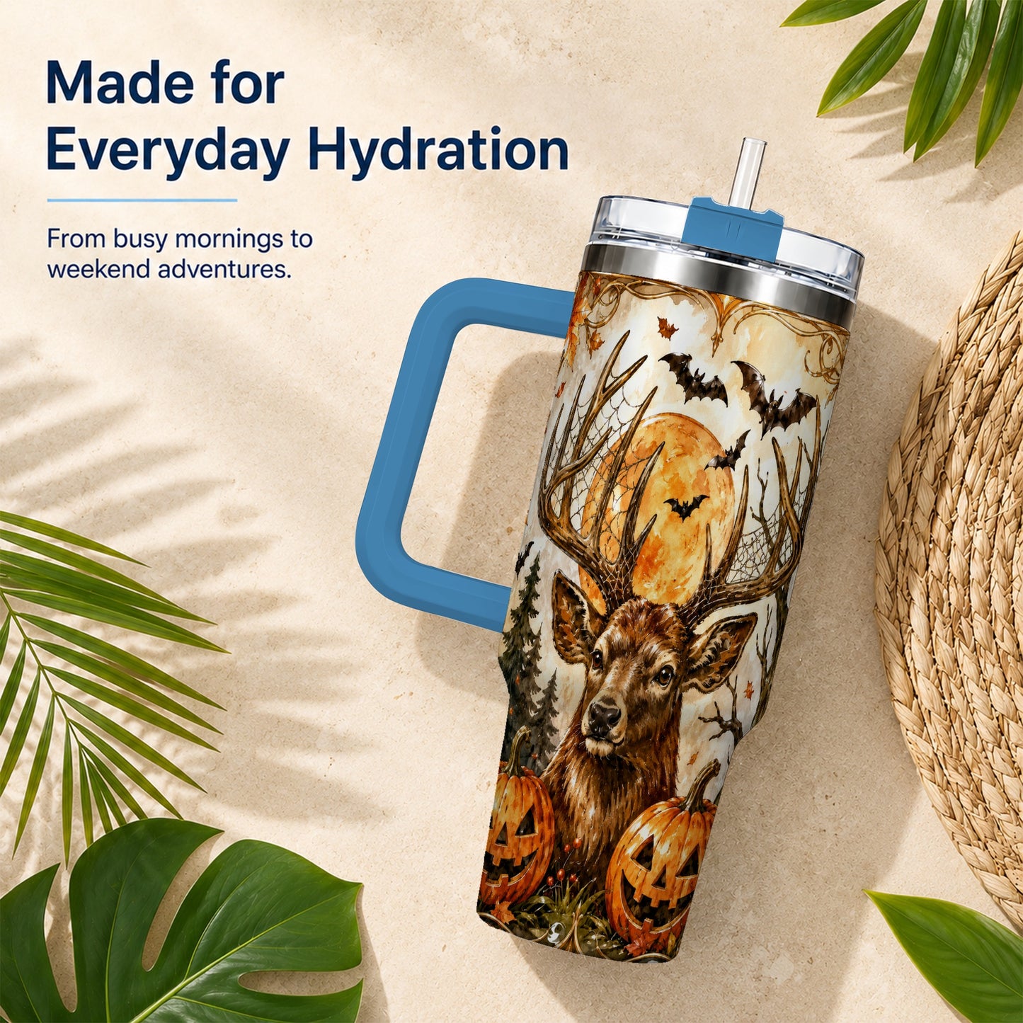 #pl[40oz|Blue] Halloween Deer 40oz Tumbler with Handle, Stainless Steel Tumbler